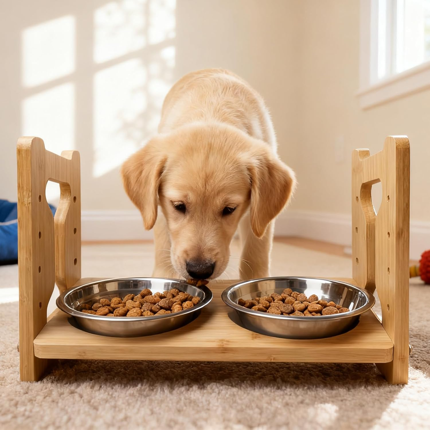 Aicharynic Raised Dog Bowl with Stand, Height Adjustable Feeding Bowl, Bamboo Feeding Station for Small Dogs and Cats, with 2 Stainless Steel Bowls image number 3