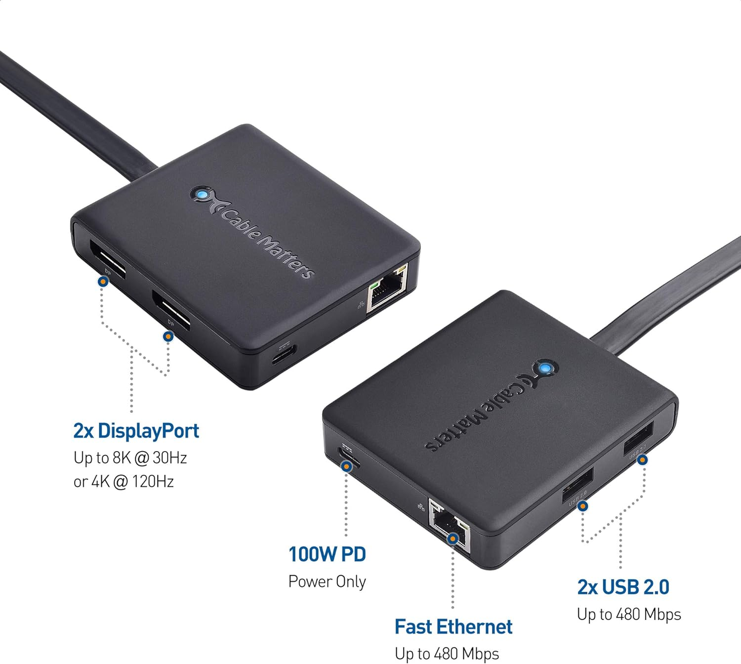 Cable Matters Dual Monitor USB C Hub with Displayport 1.4 and 100W Charging - Support 8K and Dual 4K 60Hz - Thunderbolt 3, Thunderbolt 4, USB4 Compatible for Surface Pro, XPS, Windows Only