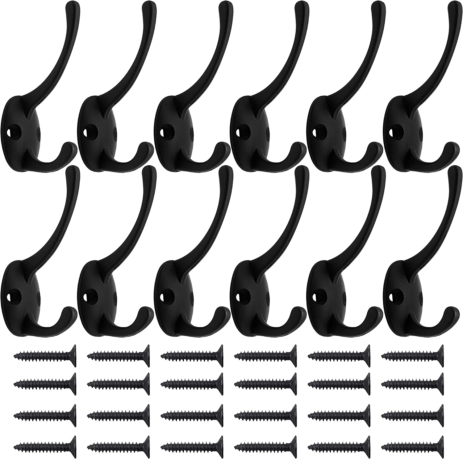 12 Pack Black Coat Hooks Wall Mounted with 24 Screws Retro Double Hooks Utility Black Hooks for Coat, Scarf, Bag, Towel, Key, Cap, Cup, Hat image number 2