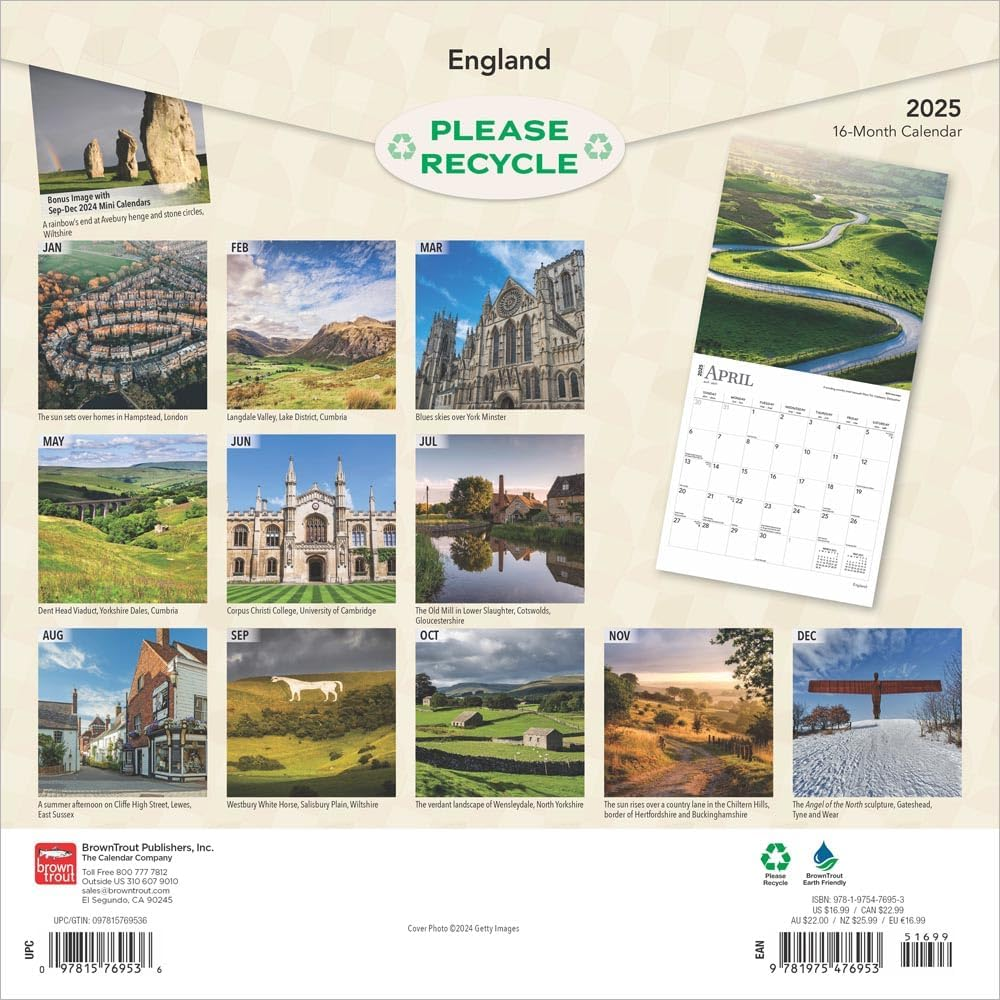 England | 2025 12 X 24 Inch Monthly Square Wall Calendar | Plastic-Free | Browntrout | UK United Kingdom Scenic image number 4