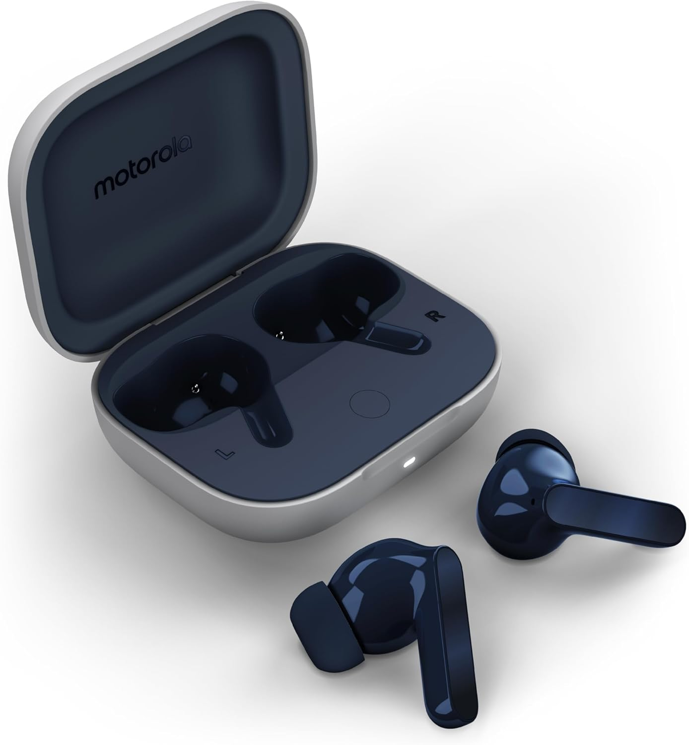 Motorola Moto Buds (Bluetooth 5.3 Earbuds, Hi-Res Sound, Dolby Atmos, Active Noise Cancellation, Wireless Charging, up to 42 Hours Battery Life, 3-Way Microphone System) Starlight Blue