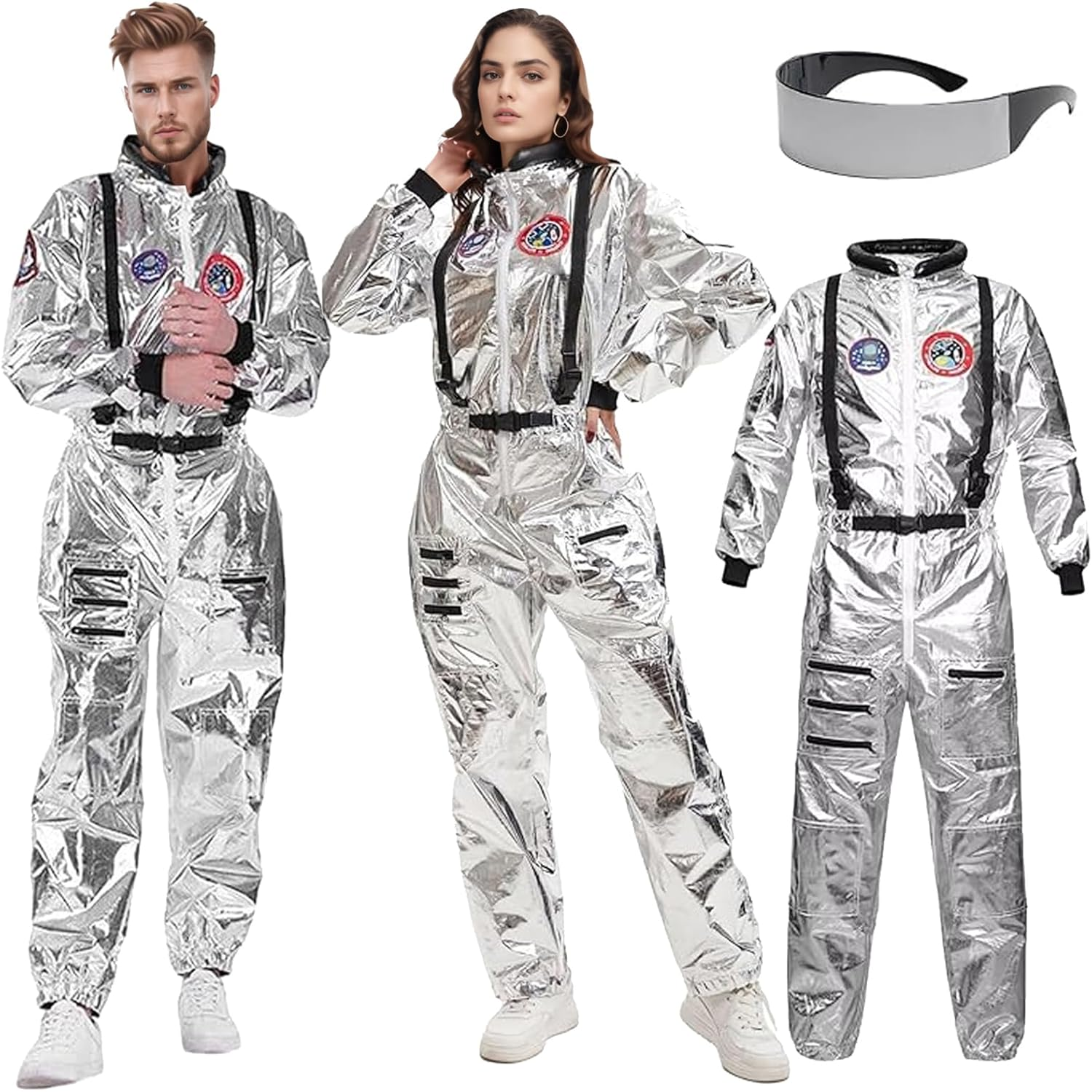 Men'S Astronaut Costume Jumpsuit Adult Shiny Silver Space Suit with Embroidered Patches and Pockets Halloween Spaceman Costume image number 1