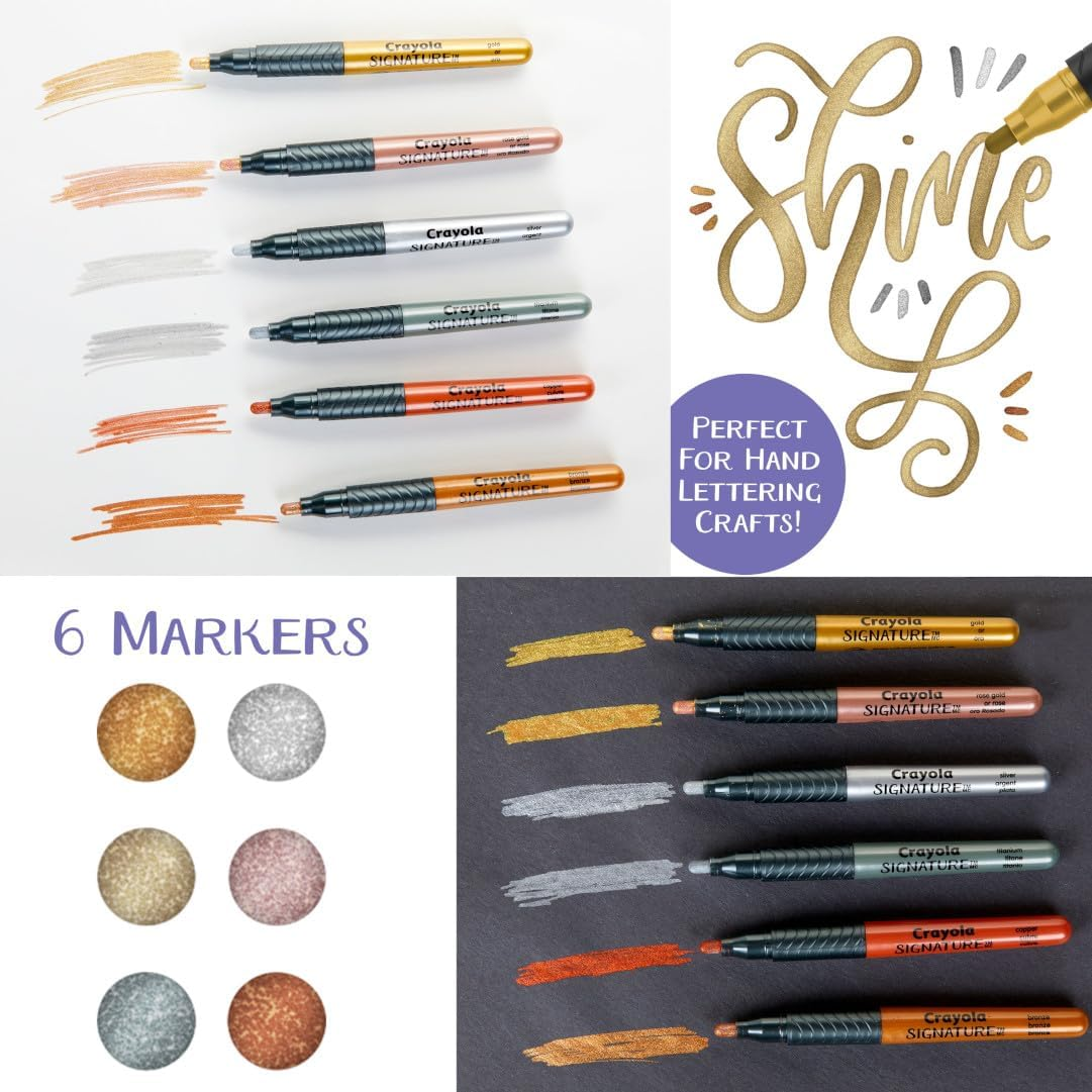 CRAYOLA Marker Signature 6Ct Liquid Metal Markers, Permanent Art Makers, Metallic Shine, 6 Shimmering Colours, Perfect for Hand Lettering Crafts., Metallic (58 6702) image number 6
