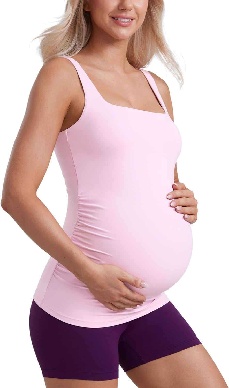 CRZ YOGA Butterluxe Womens Square Neck Maternity Tank Tops Ruched Sleeveless Pregnancy Yoga Tee Shirt with Built in Bra