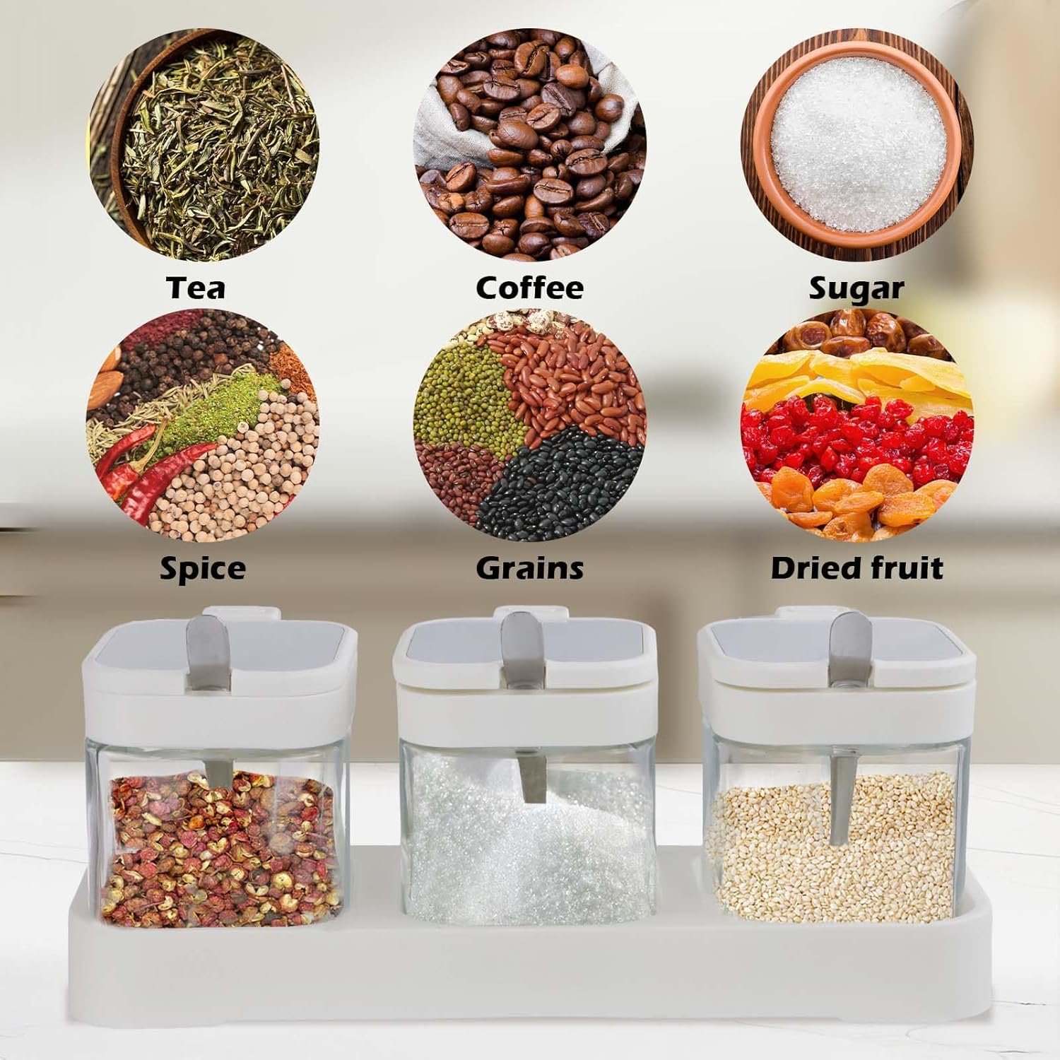 DIYJEP Pack of 3 Spice Jars with Stainless Steel Spoon, Flour Sugar Salt Storage, Glass Square Spice Containers with Lid and Base, Storage Jars, Salt Jar, Spice Box for Kitchen, Seasoning, Tea (White) image number 5