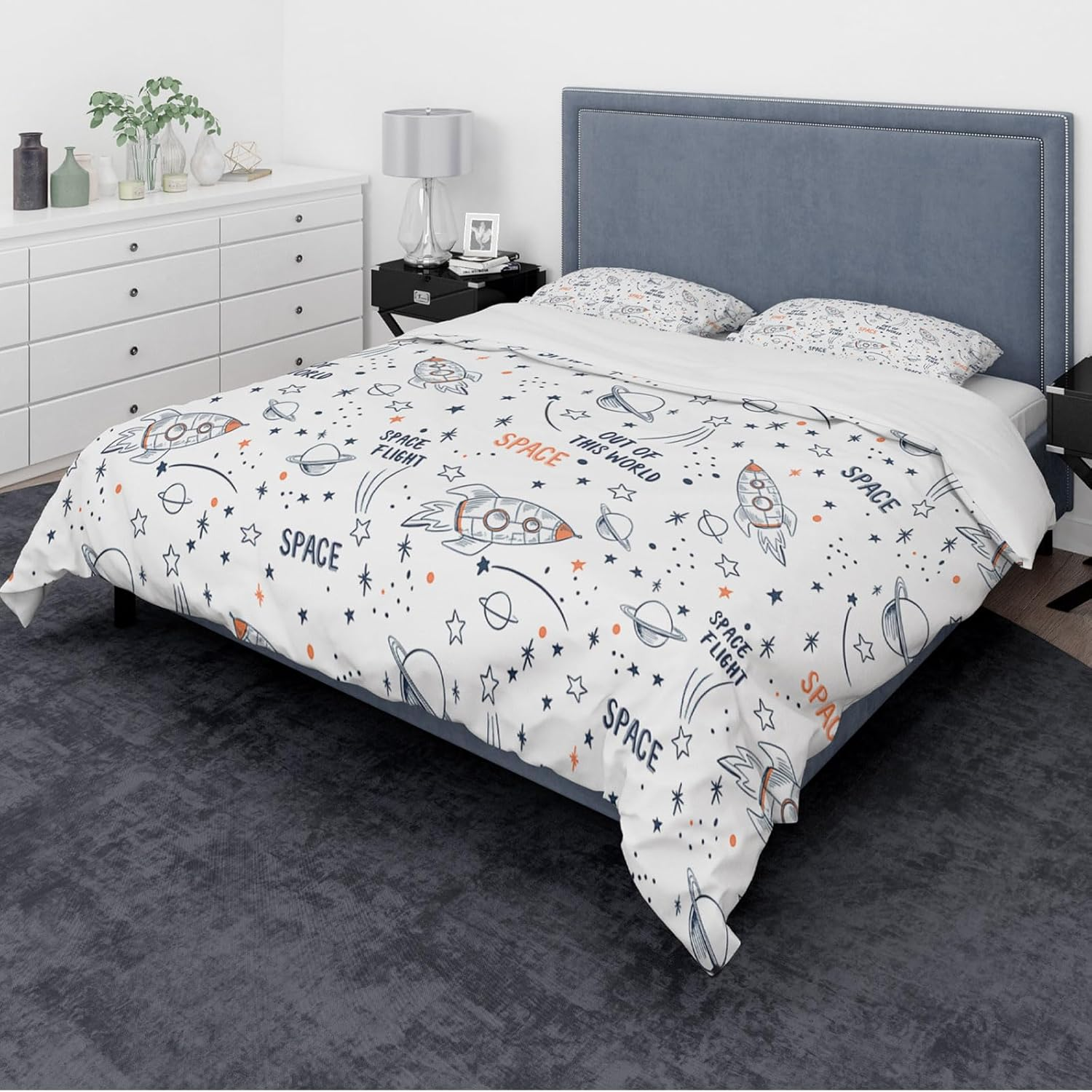 Space Bed Linen 220 X 240 Cm, Universe Planet Rocket Bedding Set Boys Girls Children White Blue Rocket Stars Planets Pattern with Pillowcase 50 X 75 Cm (B, 220 X 240 Cm) image number 5