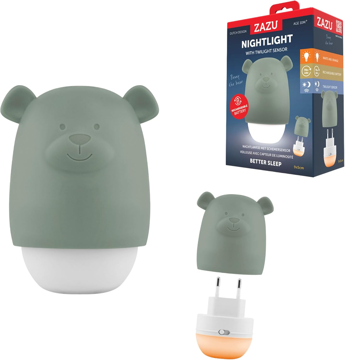ZAZU Benny Automatic Baby Night Light with Dusk Detector - Rechargeable | White & Orange | 70 Hours Battery Life | Travel Mode | Portable Night Lamp for Kids (Brown)