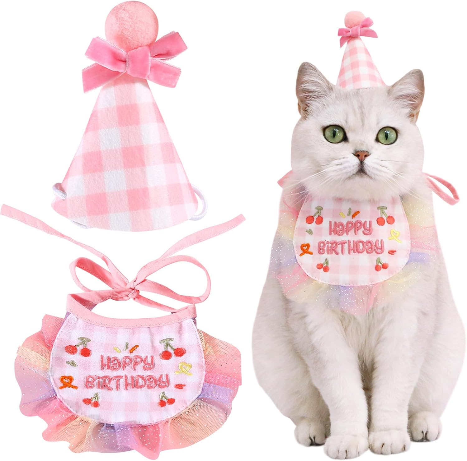 2Pcs Pet Happy Birthday Hat Scarf Set Cute Embroidered Cat Bandana Outfit Pet Bowknot Cone Hat Cat Plaid Pattern Princess Costumes Dog Lace Bib Pet Party Supplies Decoration (Blue)