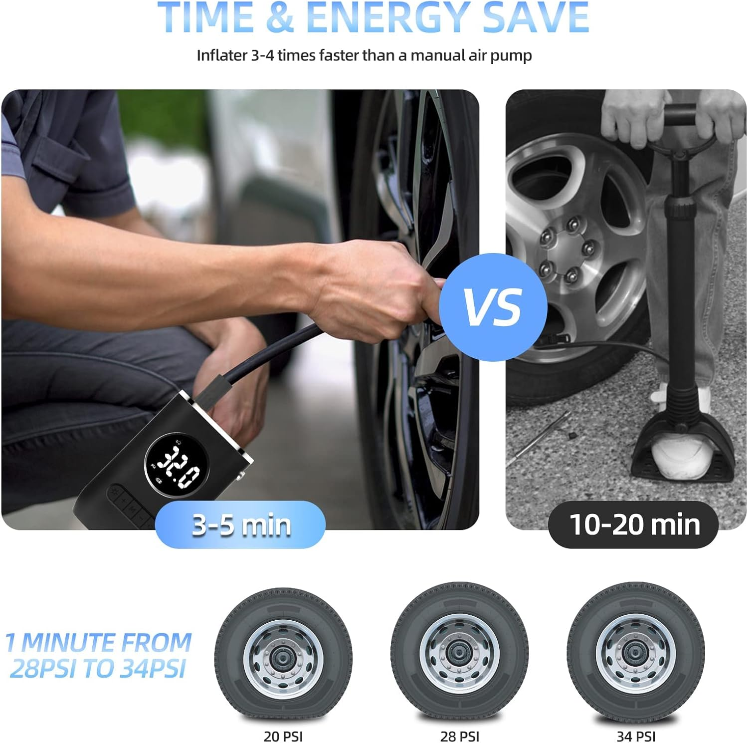 Ixtra Car Tyre Inflator Air Compressor Cordless with LED Lights Electric Bike Pumps for All Bikes Auto-Off Electric Ball Pump with Needle 150PSI Electric Car Tyre Pump with Pressure Gauge and Inflator image number 5