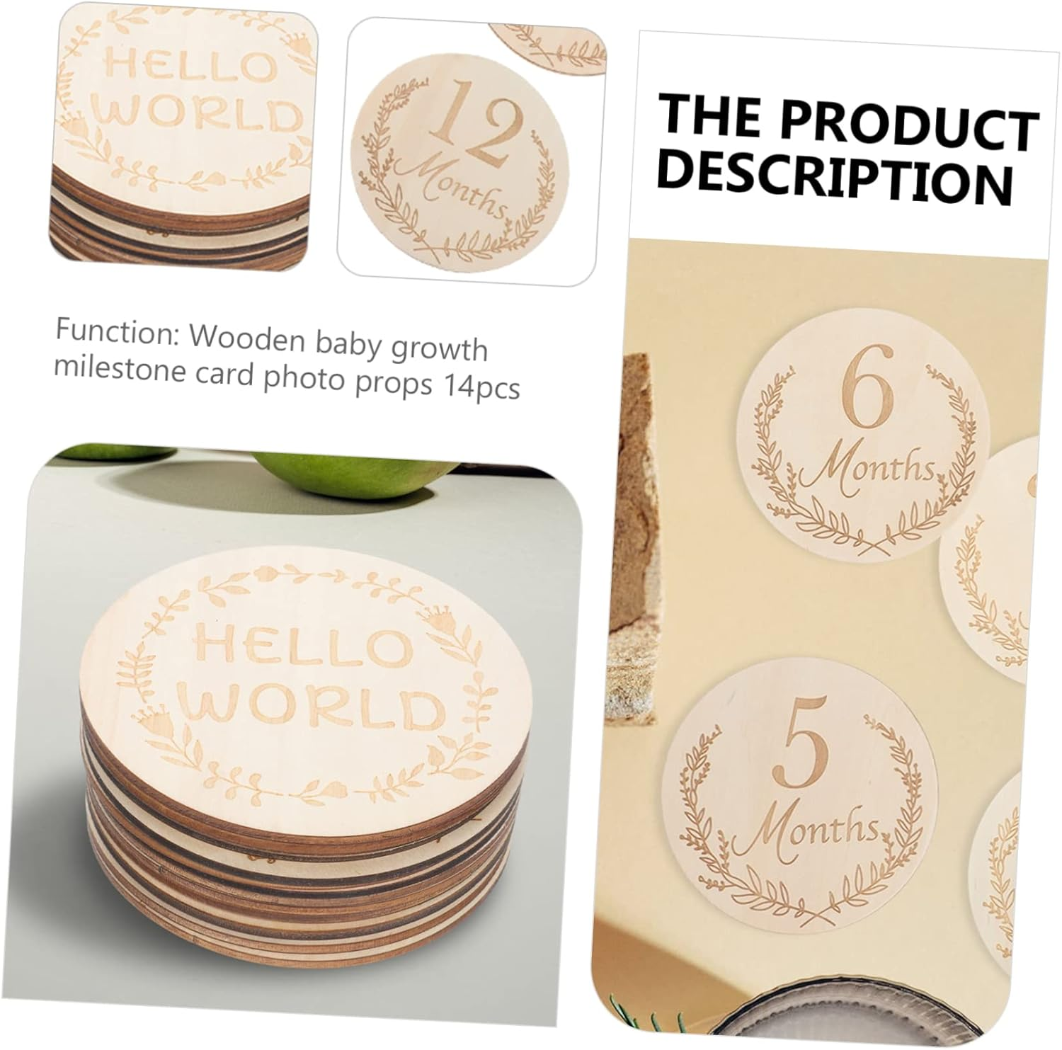 Hohopeti 14Pcs Wooden Growth Milestone Cards Newborn Photo Props Month Announcement for Boy Girl Reusable Recyclable Safe Skin Friendly Design image number 1