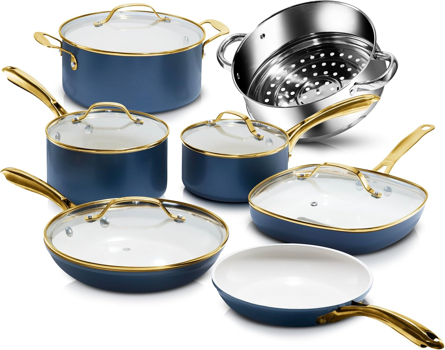Gotham Steel 12 Pc Ceramic Pots and Pans Set Non Stick, Kitchen Cookware Sets, Pot and Pan Set, Ceramic Cookware Set, Non Toxic Cookware Set, Non Stick Pots and Pan Set, Dishwasher Safe - Cream Navy&hellip;