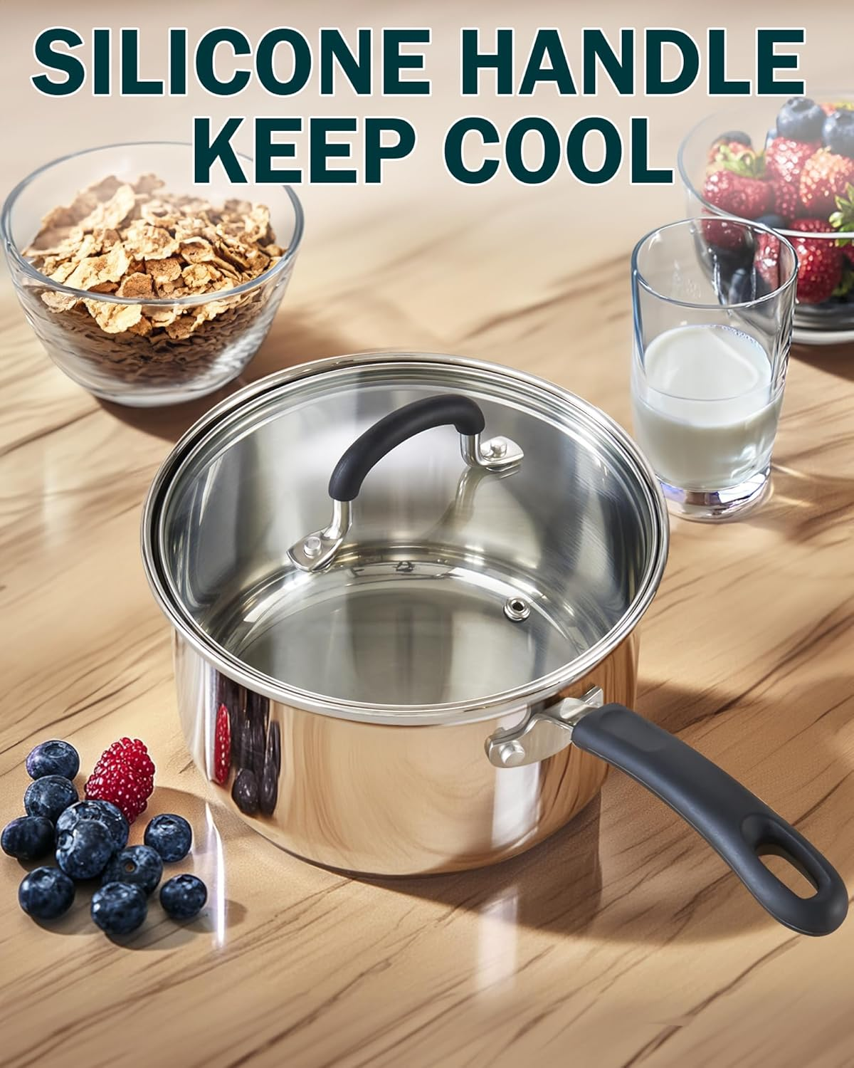 Cook N Home 02655 Professional Double Boiler Saucepan 2-Quart, 18-10 Stainless Steel Steam Melting Pot for Butter Chocolate Cheese, Tempered Glass Lid, Silver image number 3