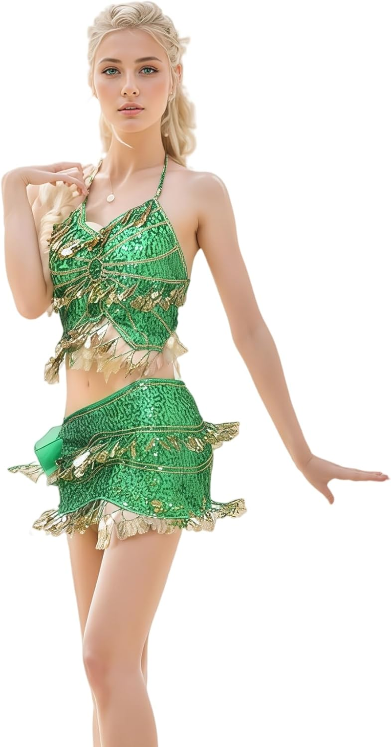 Belly Dance Hip Scarf with Crop Top Set, Sequined Fringe Skirt & Glittering Bra Tops for Performances, Parties, Festivals