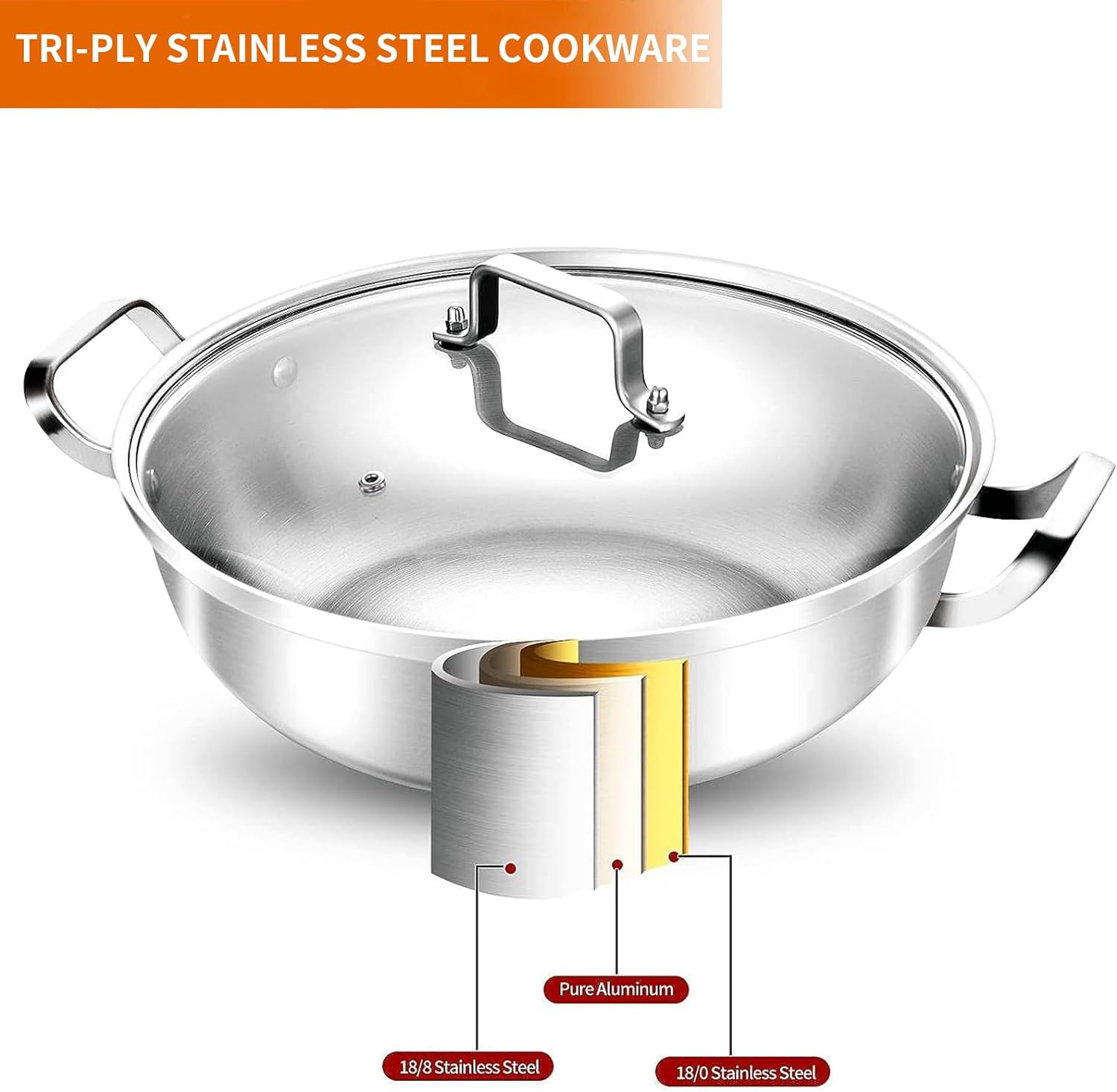 Delarlo Tri-Ply Stainless Steel 11 Inch Everyday Pan with Lid, Kitchen Everything Pan, Chef'S Pans, Induction Deep Saute Pan, High Side Cooking Pot 3.5QT, Oven Safe Stock Pot, up to 600℉ image number 6