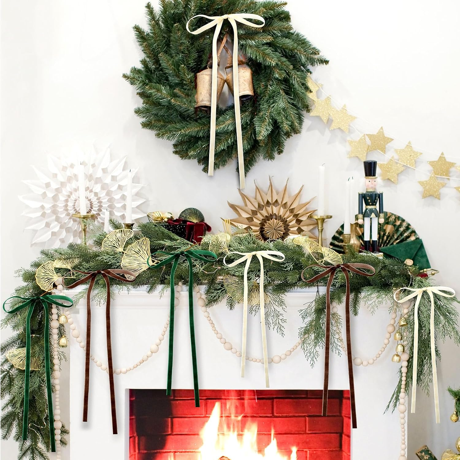 Brown,Dark Green,Beige 24 Pcs Velvet Bows Christmas Tree Ornaments Valentines Day Bows Decoration for Garland Home Coquette Wedding Decor (9 X 13 Inch,Width of 3/8") image number 4