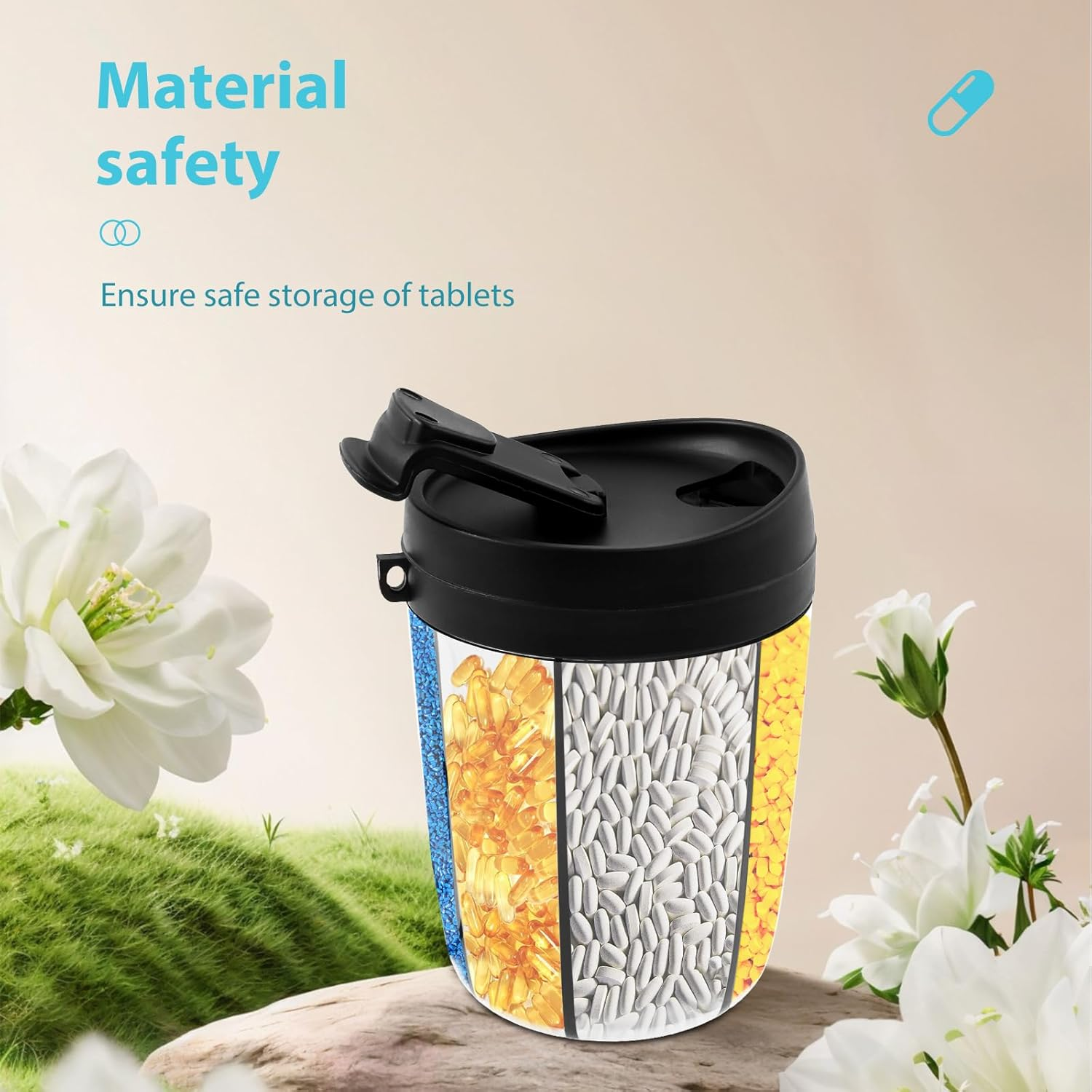 Large Pill Organizer, round Pill Box with 7 Compartments and anti Mixing Design, Space Saving Portable Pill Dispenser, Supplement Organizer for Outdoor Traveling (Black) image number 2