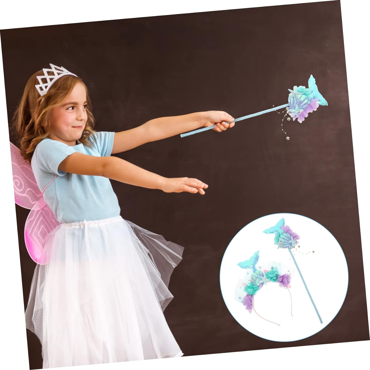 1Set Mermaid Costume Set Sequin Crown Headband Fairy Wand for Accessories for Birthday Cosplay Parties Decorative Hair Hoop Girls Mermaid Props image number 4