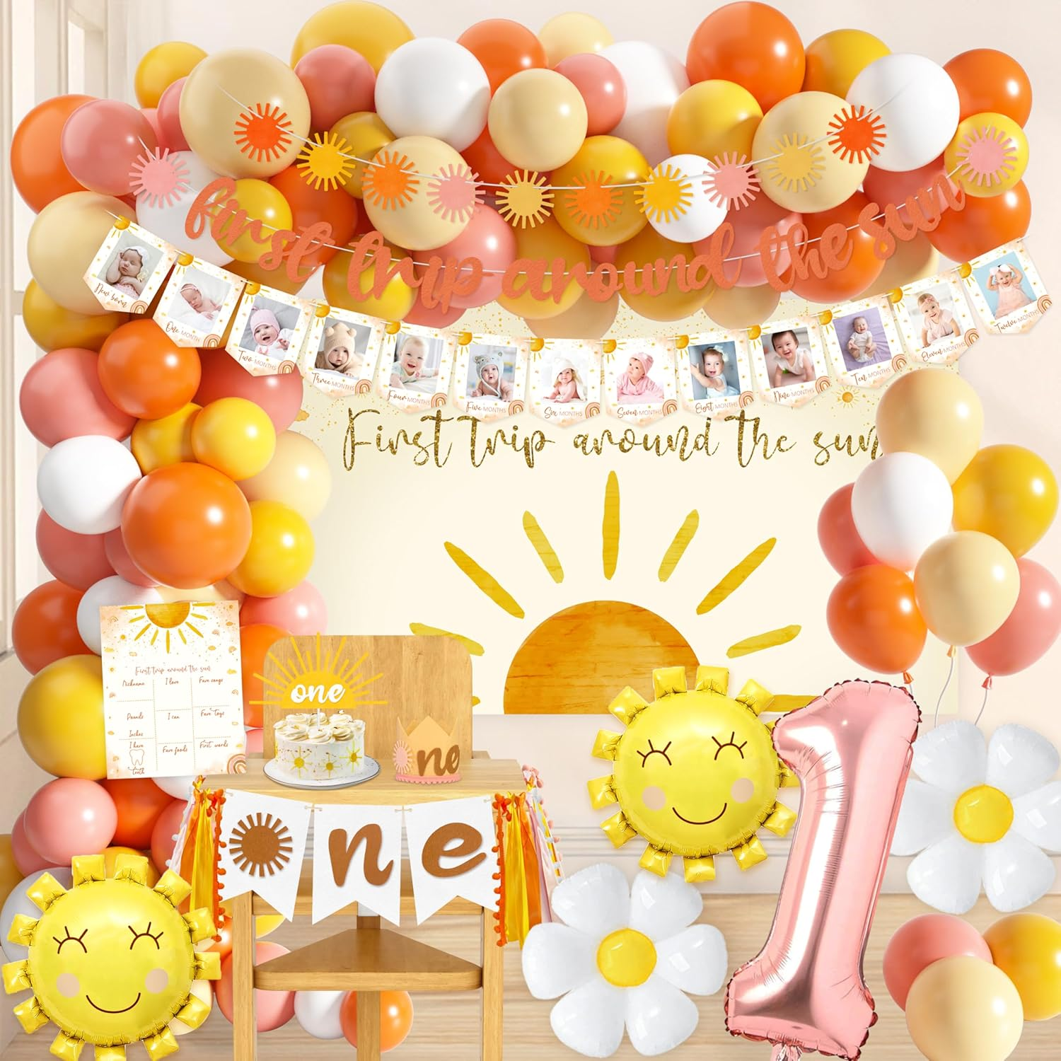 First Trip around the Sun Birthday Party Decoration Pack,1St Baby Shower Birthday Party Supplies(Including Banner, Star Garland, High Chair ONE Banner, Cake Toppers, Latex and Foil Balloons, Felt Hat)