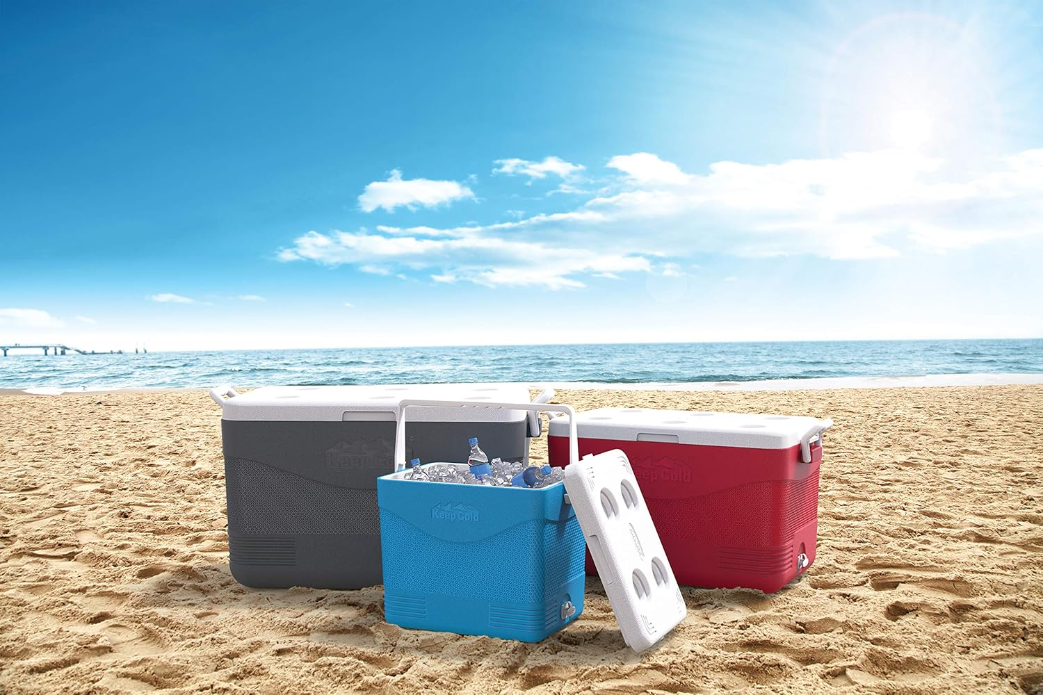 Duramax Picnic Icebox 60L, High Performance Cool Box with PU Insulation, Portable Cooler, 4 Days of Ice Retention, Side Handles with Secure Lid Locking & Cup Holders, Durable Cooler Box, Light Blue - Light Blue image number 5