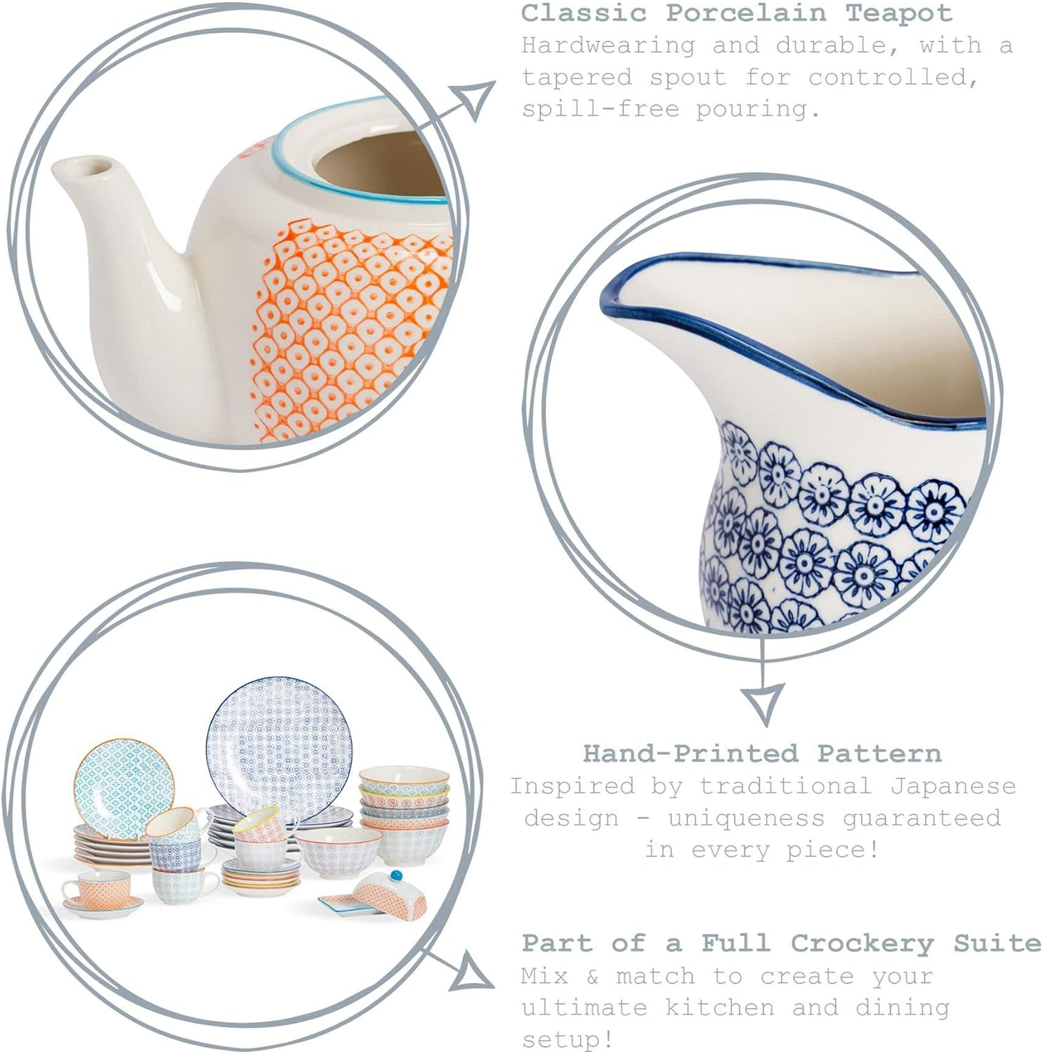 Nicola Spring Hand-Printed Teapot - 820Ml - Orange Traditional Decorative Floral Pattern Porcelain Tea Pot with Lid Tableware Large Teapot for Tea, Milk image number 4