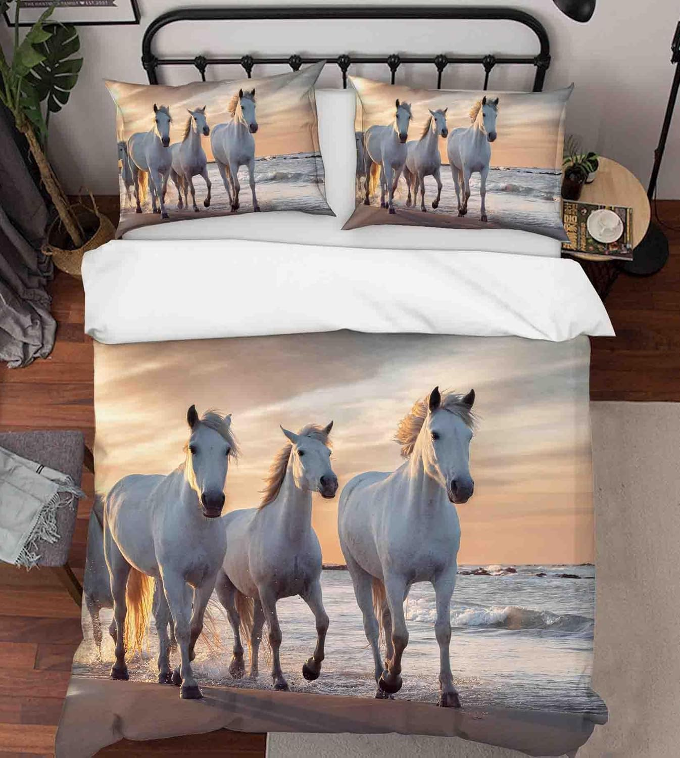 3D Running Horse White Sea Quilt Cover Set Bedding Set with Pillowcases, Single/Double/Queen/King Size (Queen)