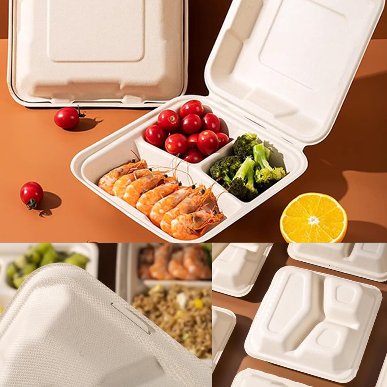 100% Compostable Take Out Food Containers, Disposable Flip-Top Box - 50Pack 8X8" 3-Compartment Heavy-Duty Lunch Box with Lid, Eco-Friendly Biodegradable Paper Fiber to Go Containers for Food image number 4