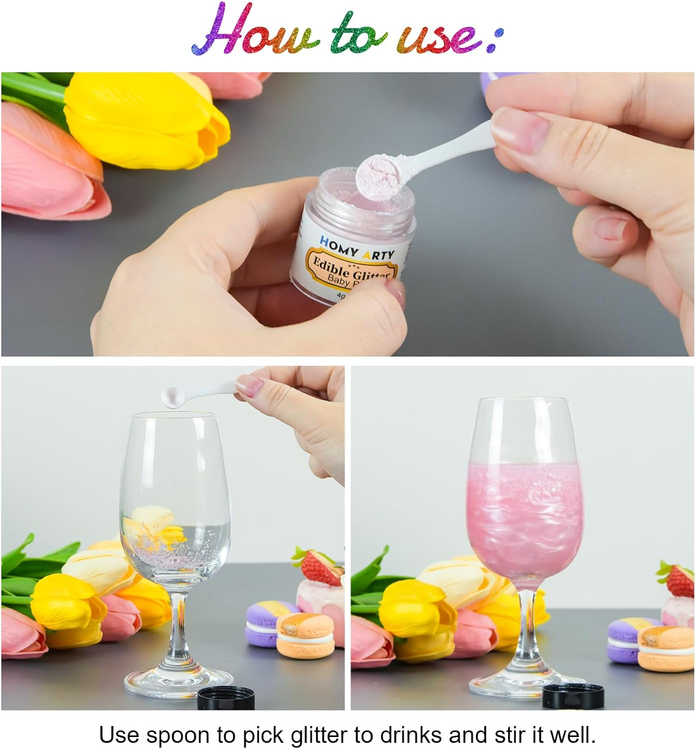 HOMY ARTY Edible Glitter - 3 Colors X 4G, Luster Dust Edible Glitter for Cakes, Vegan Drink Glitter, Edible Glitter Dusting Powder for Cocktails, Chocolate, Candy - 7 Colors image number 4