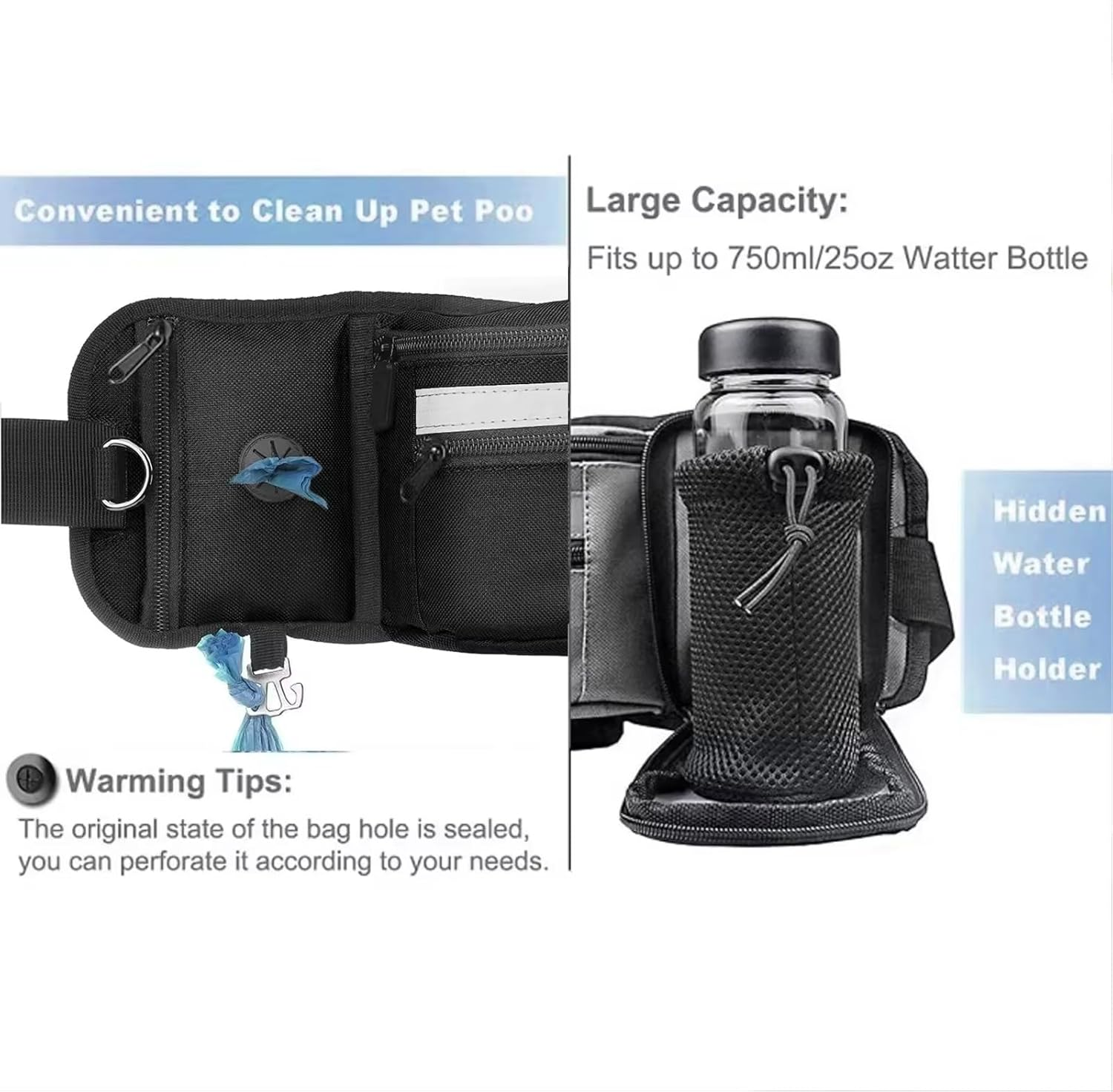 Dog Treat Bag with Hands-Free Waist Belt and Shoulder Strap - Multi-Purpose Portable Pouch for Training, Hiking, Running, Walking - Black (Bottle & Bags Not Included) image number 2