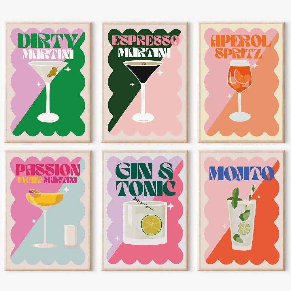 CAMOYAI 6 Pack Vintage Cocktail Paint by Numbers Kits for Adults, Simple DIY Acrylic Paint Kits on Canvas, Home Wall Decor 8X12Inch image number 6