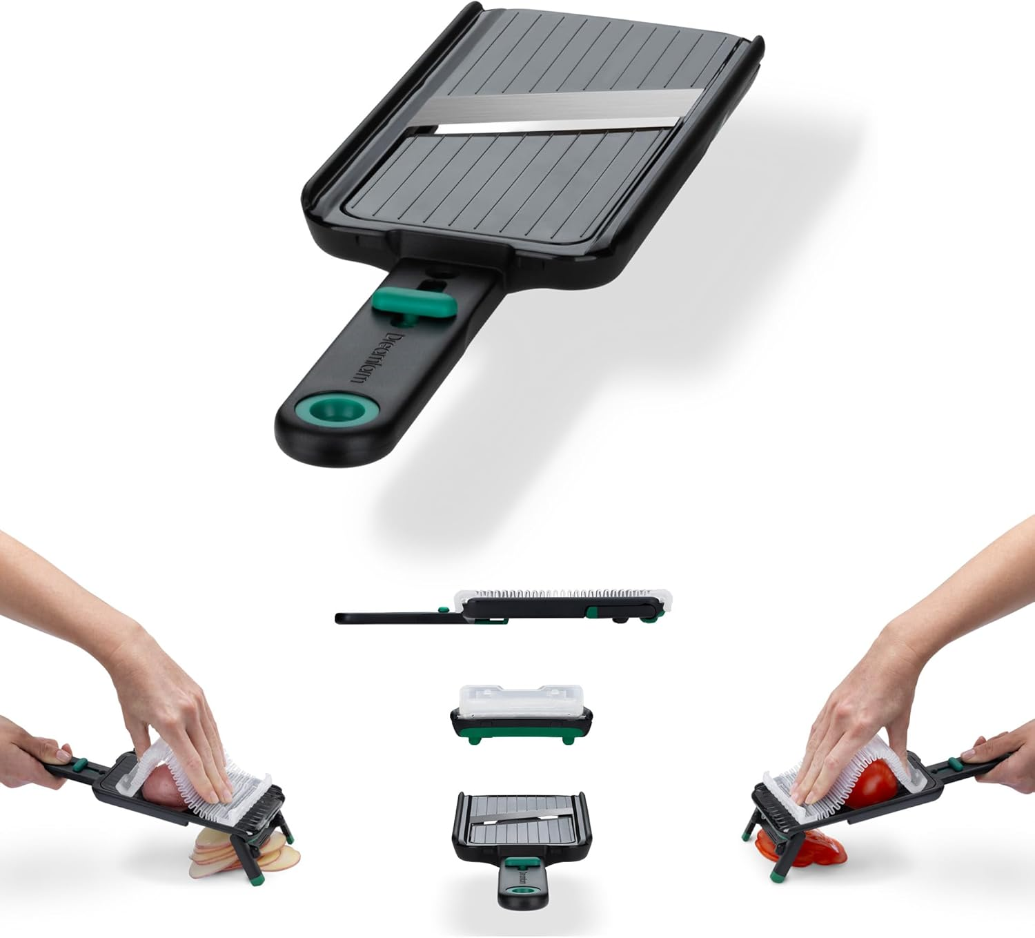 Dreamfarm Nocutu Handheld Safety Mandoline Slicer, Food Vegetable Cutter with Non-Slip Bowl Hook & Foot - Adjustable 1-3Mm Slicer, Black/Green image number 5