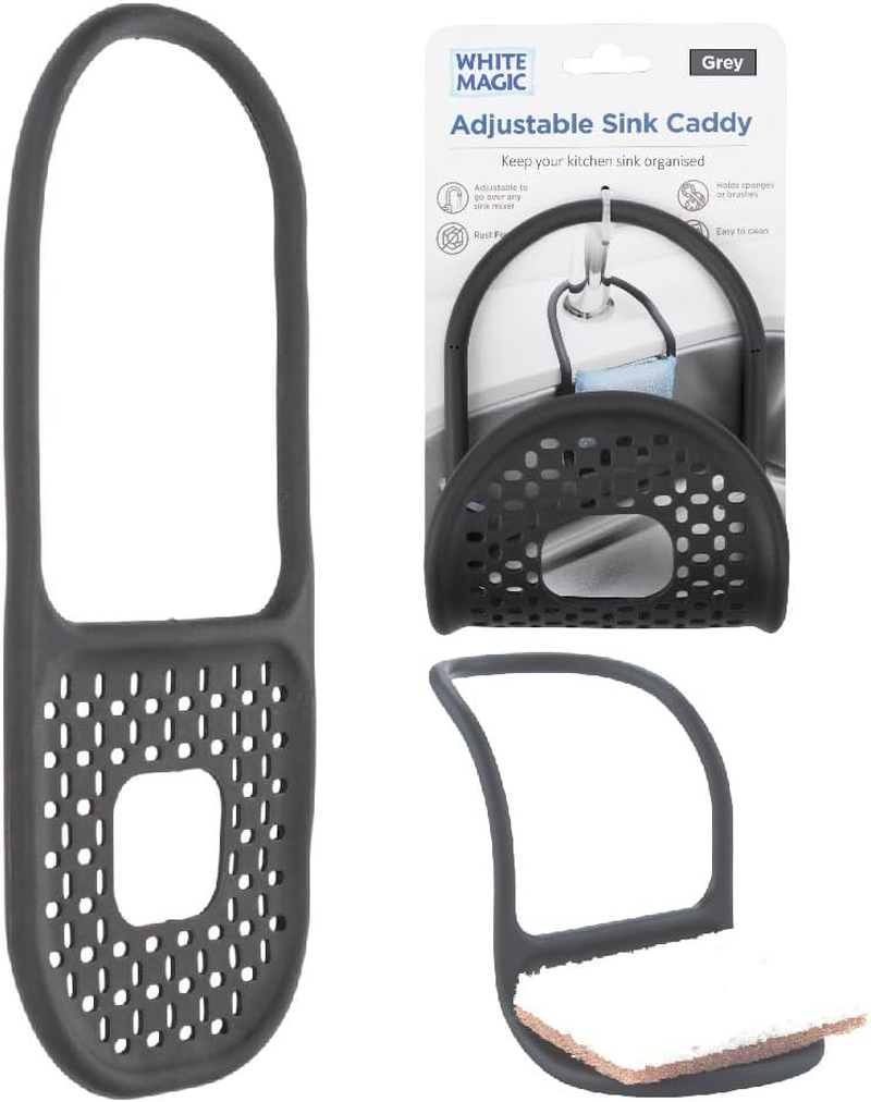 White Magic Adjustable Sink Caddy, Grey &ndash; Flexible Memory Wire Design, Rust-Free Silicone, Holds Sponges & Brushes, Easy to Clean, Compact & Durable for Kitchen Organisation image number 1