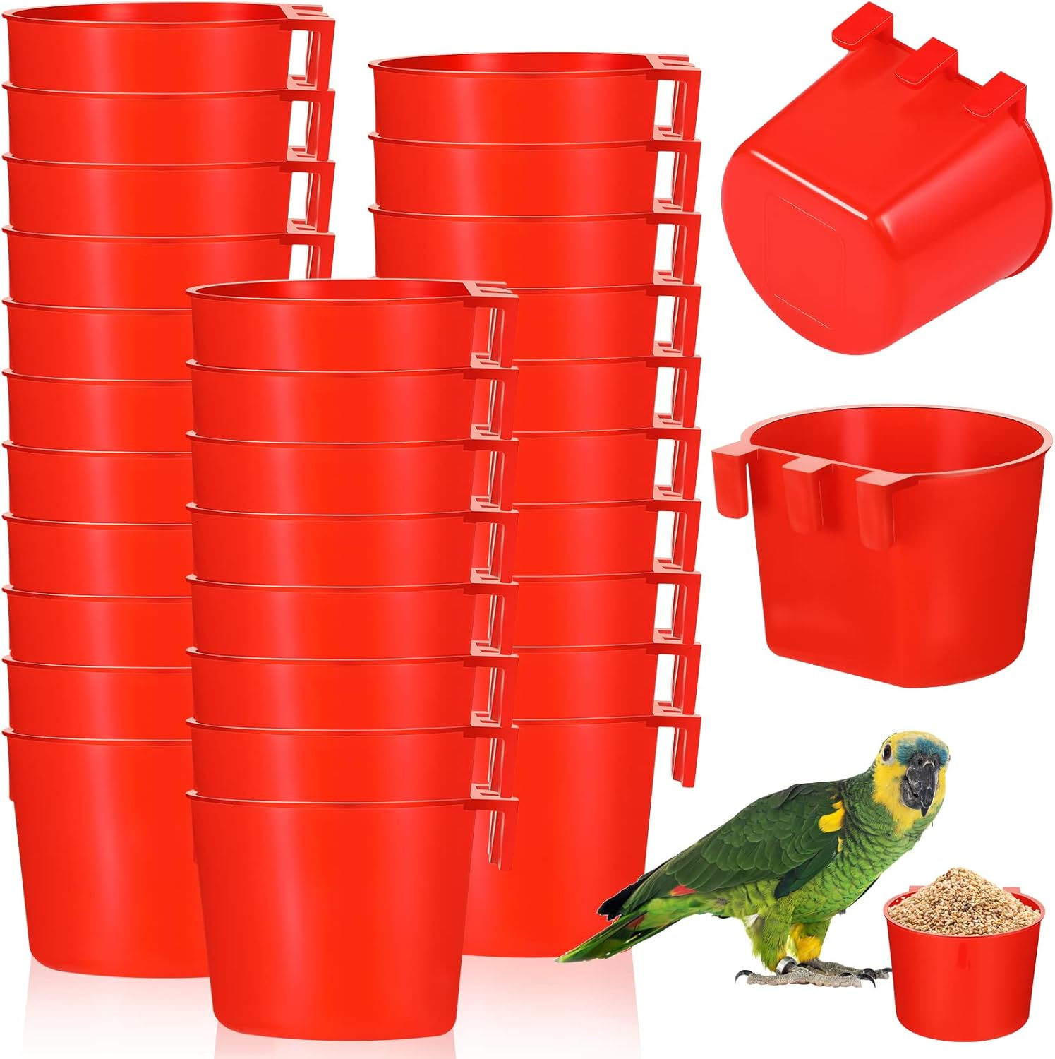 30 Pcs Cage Cups Birds Feeders Bird Water Dispenser Hanging Quail Waterer Plastic Chicken Feeding Watering Dish for Small Coop Parrot Parakeet PET Poultry Pigeon Gamefowl Food Seed Bowl Supplies, Red image number 2
