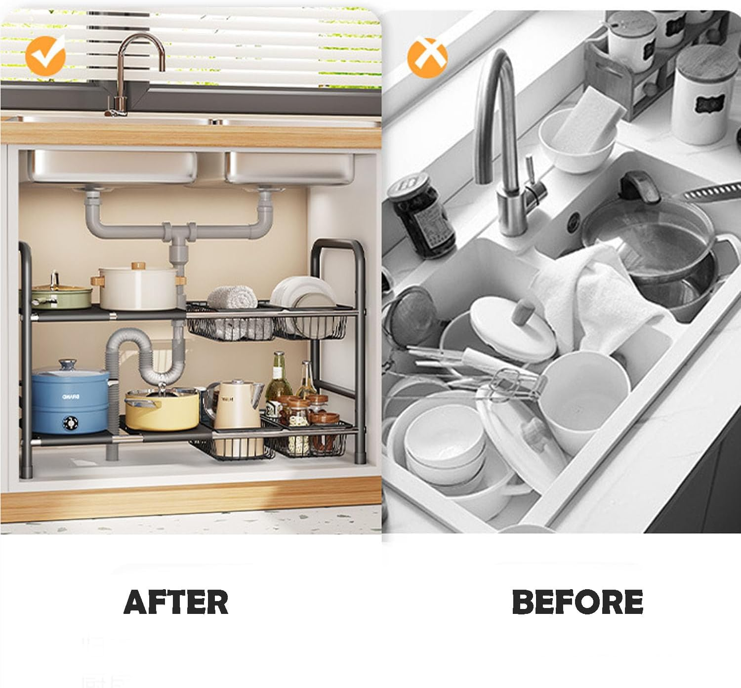 LYSAIMG 2-Tier Expandable Storage Shelf, Adjustable Metal Tiered Shelf with 8 Removable Panels, under Sink Organizer, Shoe Organizer Rack, Kitchen Cabinet, Hallway Entryway