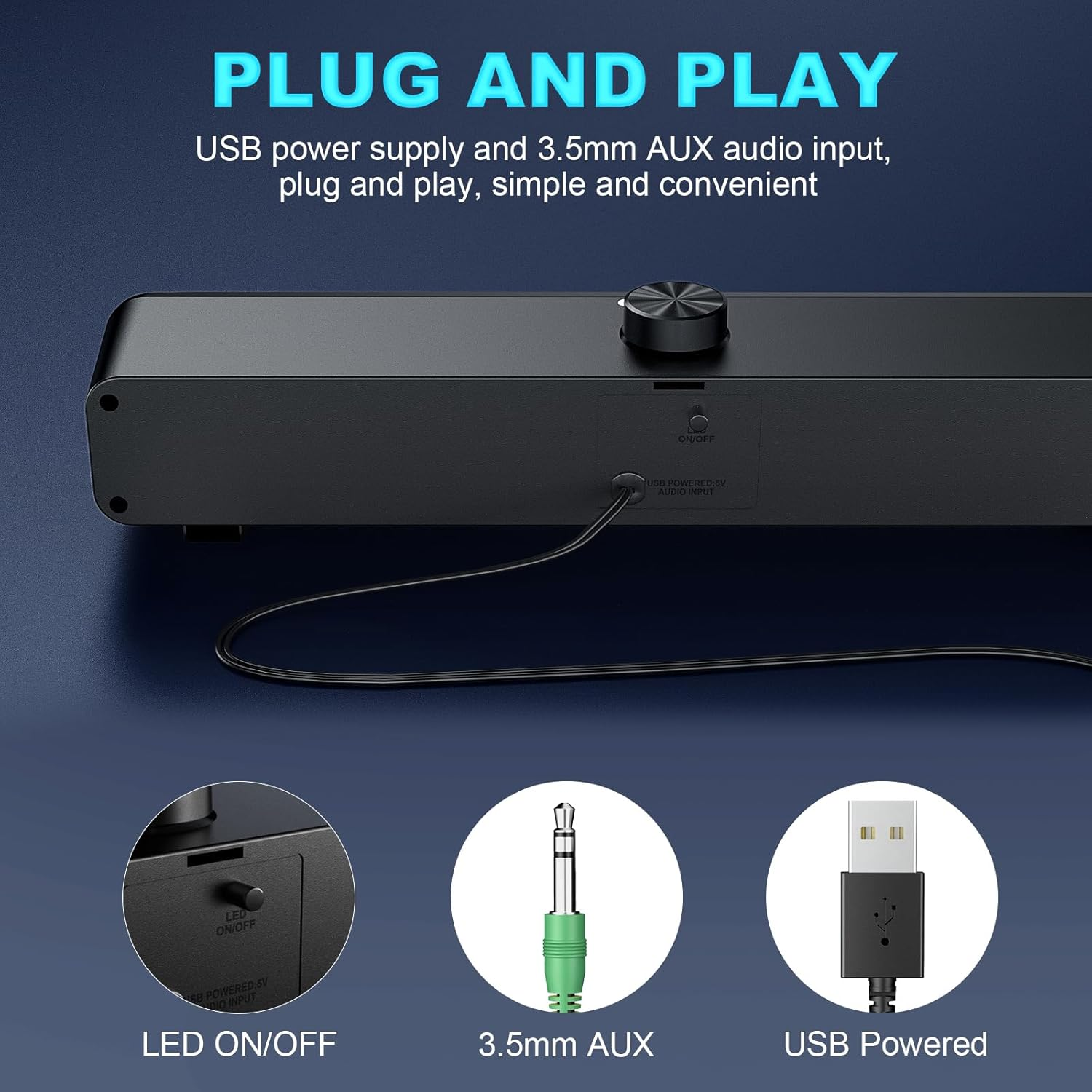 USB Computer Speaker, RGB Desktop Soundbar, Wired Sound Bar with Standard 3.5Mm AUX Jack and USB Interface, PC Speakers for Desktop, Laptop, MP4, Plug and Play image number 5