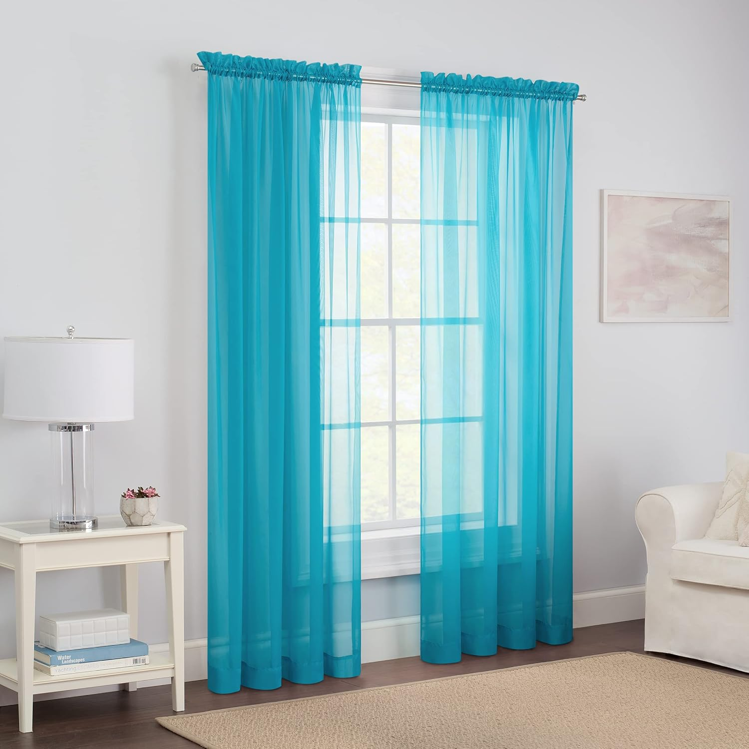 Pairs to Go Victoria Voile Modern Sheer Rod Pocket Window Curtains for Living Room (2 Panels), 59 in X 95 In, Turquoise image number 1
