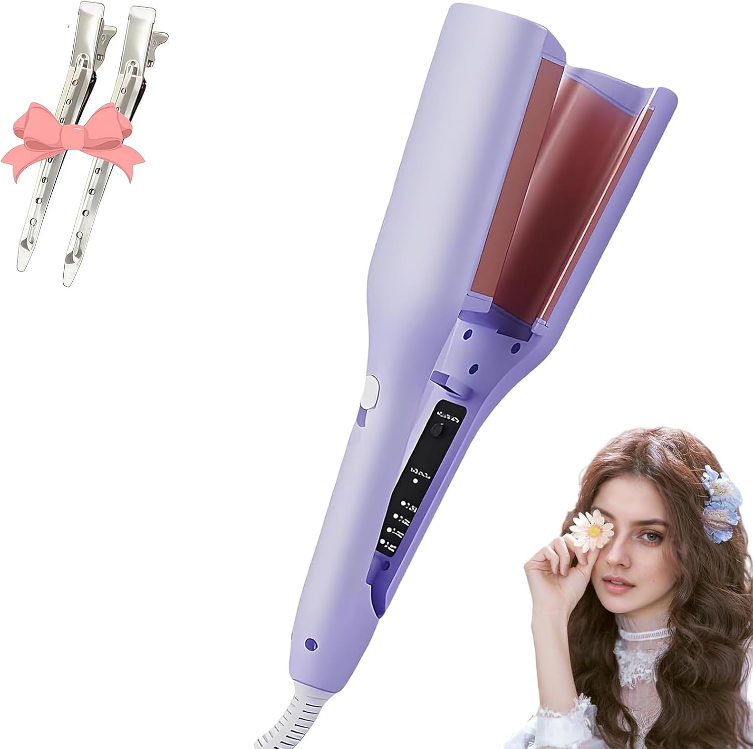 Homessencials Hair Styling Tool with Negative Ionic Technology, French Curls Iron, Adjustable Temperatures, 4 Gears Double-Sided Heating, Quickly Creating Smooth Waves (Purple)