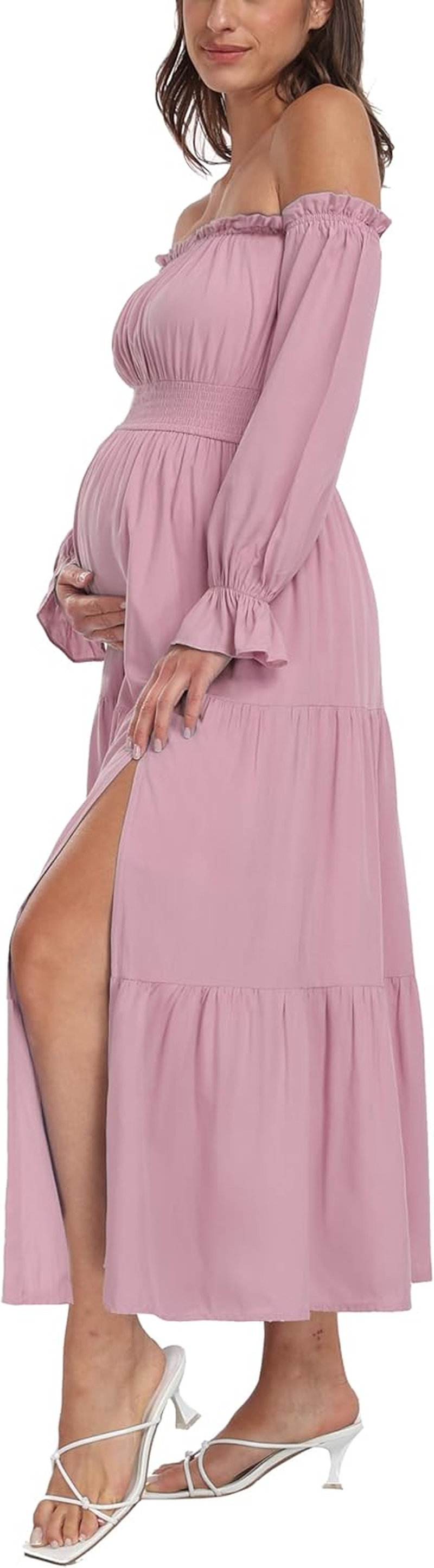 Women'S Boho off Shoulder Maternity Dresses, Long Sleeve Side Split Flowy a Line Tiered Maxi Dress for Baby Shower Photoshoot image number 5