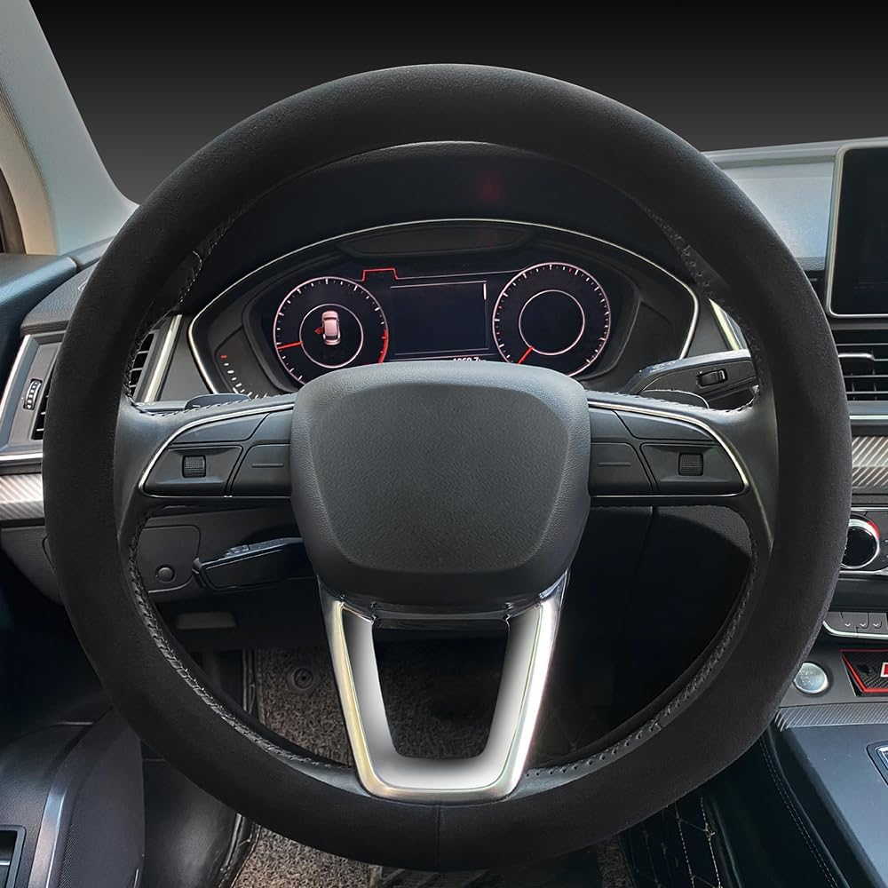 Carodi Suede Steering Wheel Cover - Non-Slip Leather, Fits 15-Inch Universal Car Interiors