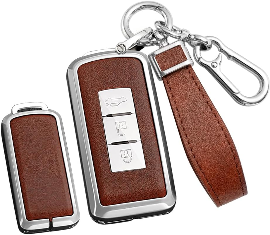 Remote Control Car Key Csae Zinc Alloy Leather Keyring Key Cover Fit for Mitsubishi L200 ASX Outlander Eclipse Cross Pajero Sport Lancer GT Mirage G4 2/3 Buttons Key Fob Holder Silvery-Brown image number 5