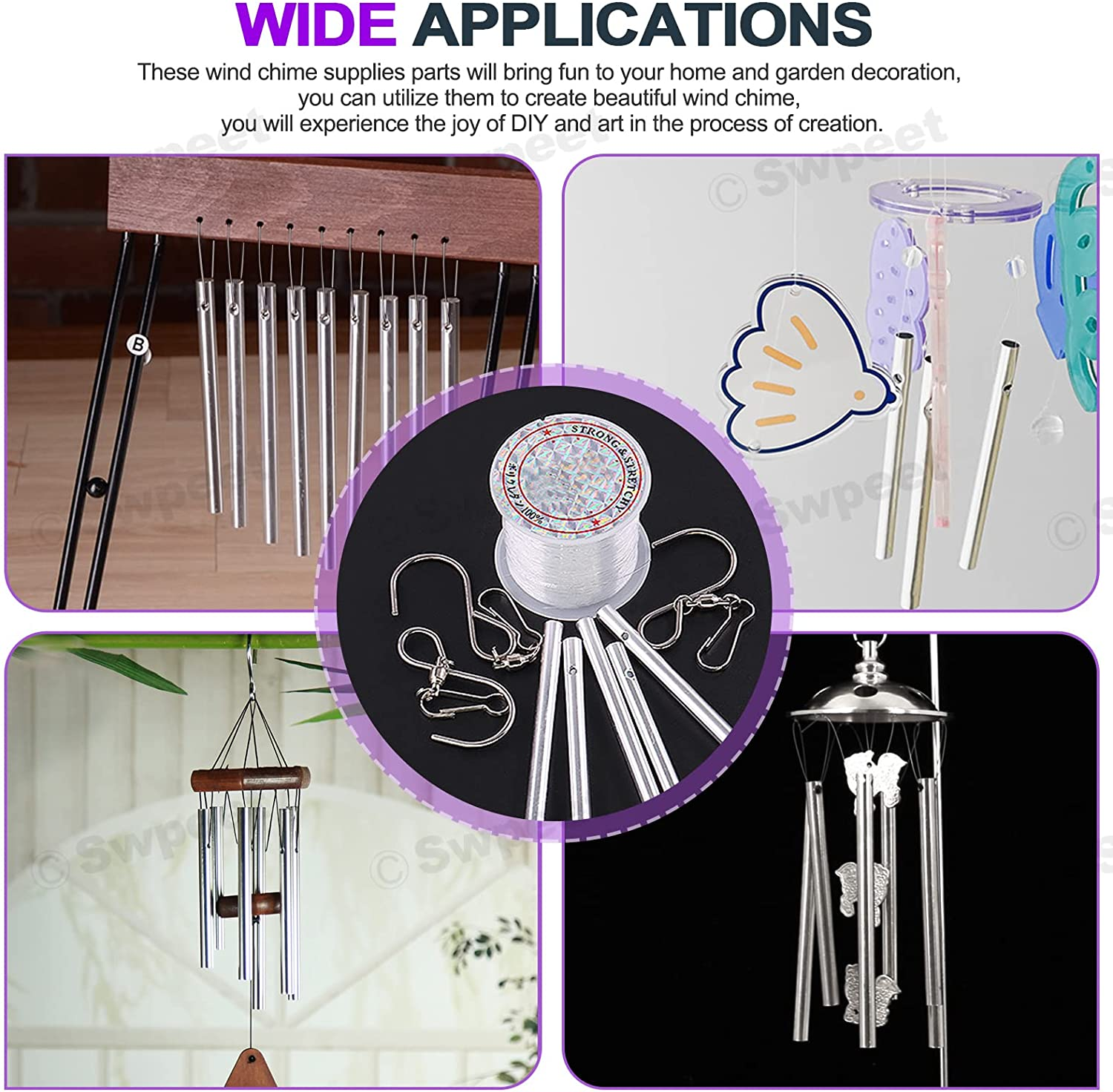 Swpeet 61Pcs Wind Chime Tubes Parts and 100 Yard Wind Chime Wire with Swivel Hooks Clips Making Kit, Wind Chime Supply Wind Chime Part Wind Chime Kit for Crafts DIY Hanging Wind Chimes Ornament image number 2
