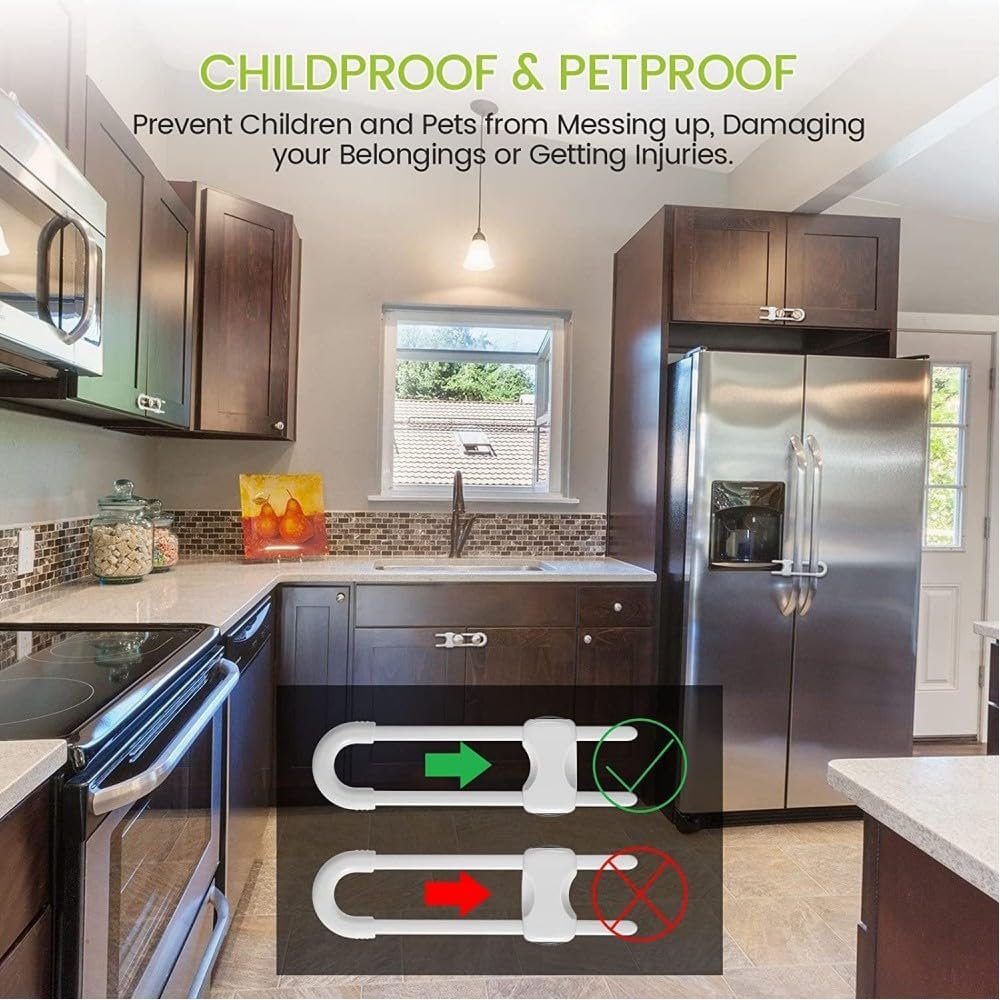 Sliding Cabinet Locks, 6 PCS U-Shaped Proofing Cabinets with Adjustable Child Lock, Baby Safety Locks for Cabinets Childproof Latch for Knob Handle on Kitchen Storage Door Cupboard Closet Dresser Black image number 2