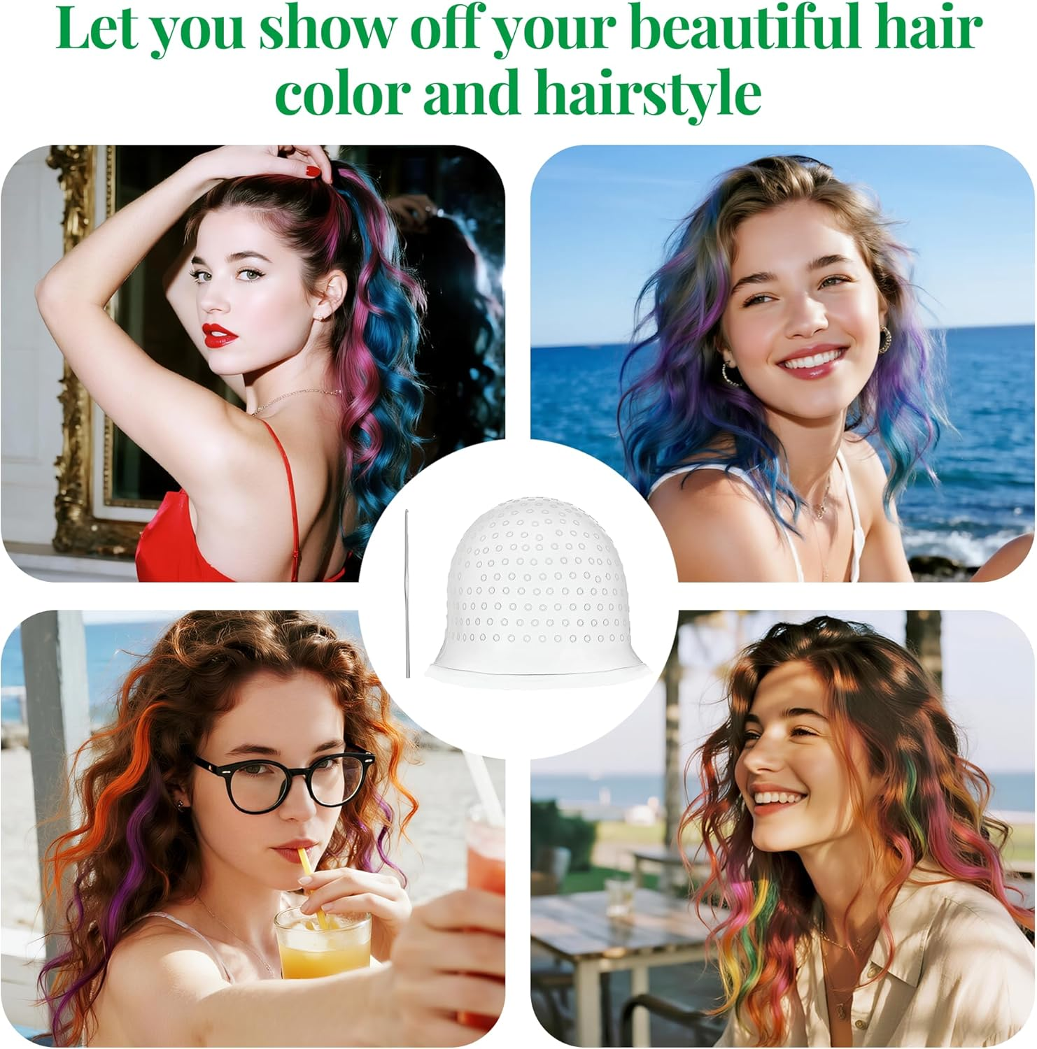 1 Piece Highlight Cap with Highlight Needle Silicone Highlight Hood Set Silicone Strands Hood with Holes Reusable Highlight Set for Professional Salon and Home Hair Dyeing (White) image number 5