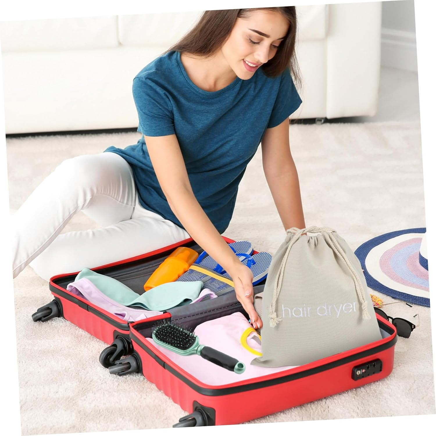 DONFAMDS Hair Dryer Storage Bag Drawstring Canvas Organizer for Home Hotel Guest Capacity Dustproof Cover with Smooth Strings for Full Dryer and Personal Items - Light Grey image number 2