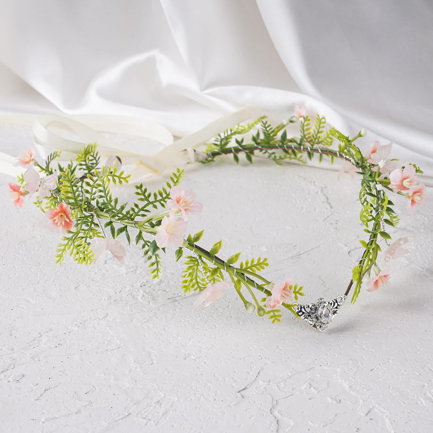 MOSTORY Pink Fairy Crown for Women, Floral Elf Headband with Butterflies for White Wedding Renaissance Fairy Cosplay image number 2