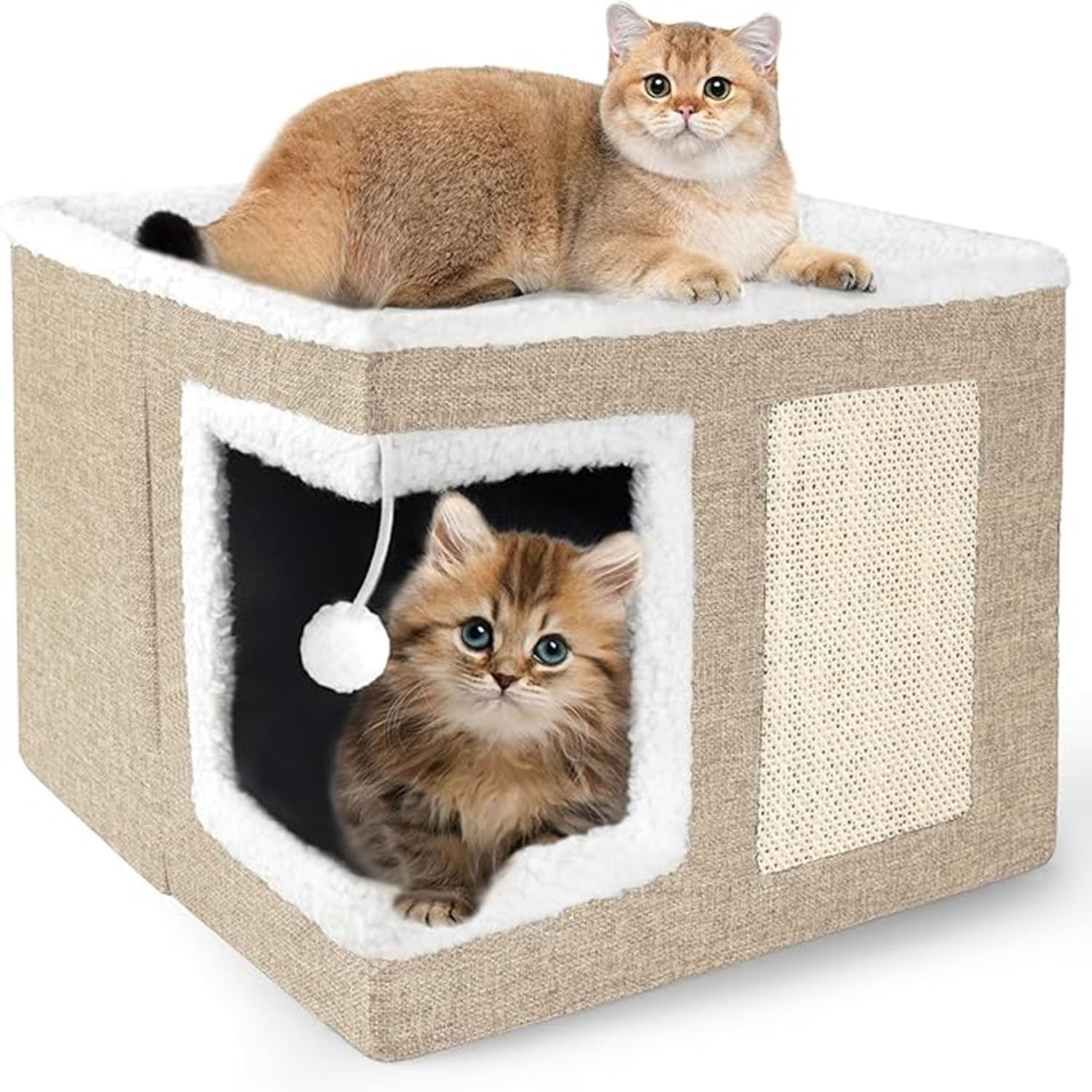Cat Houses for Indoor Cats - Large Cat Bed Cave with Scratch Pad and Fluffy Ball, Foldable Cat Condo Hideaway with Reversible Cushion for Multi Small Pet (Khaki, 40 * 40 * 15)