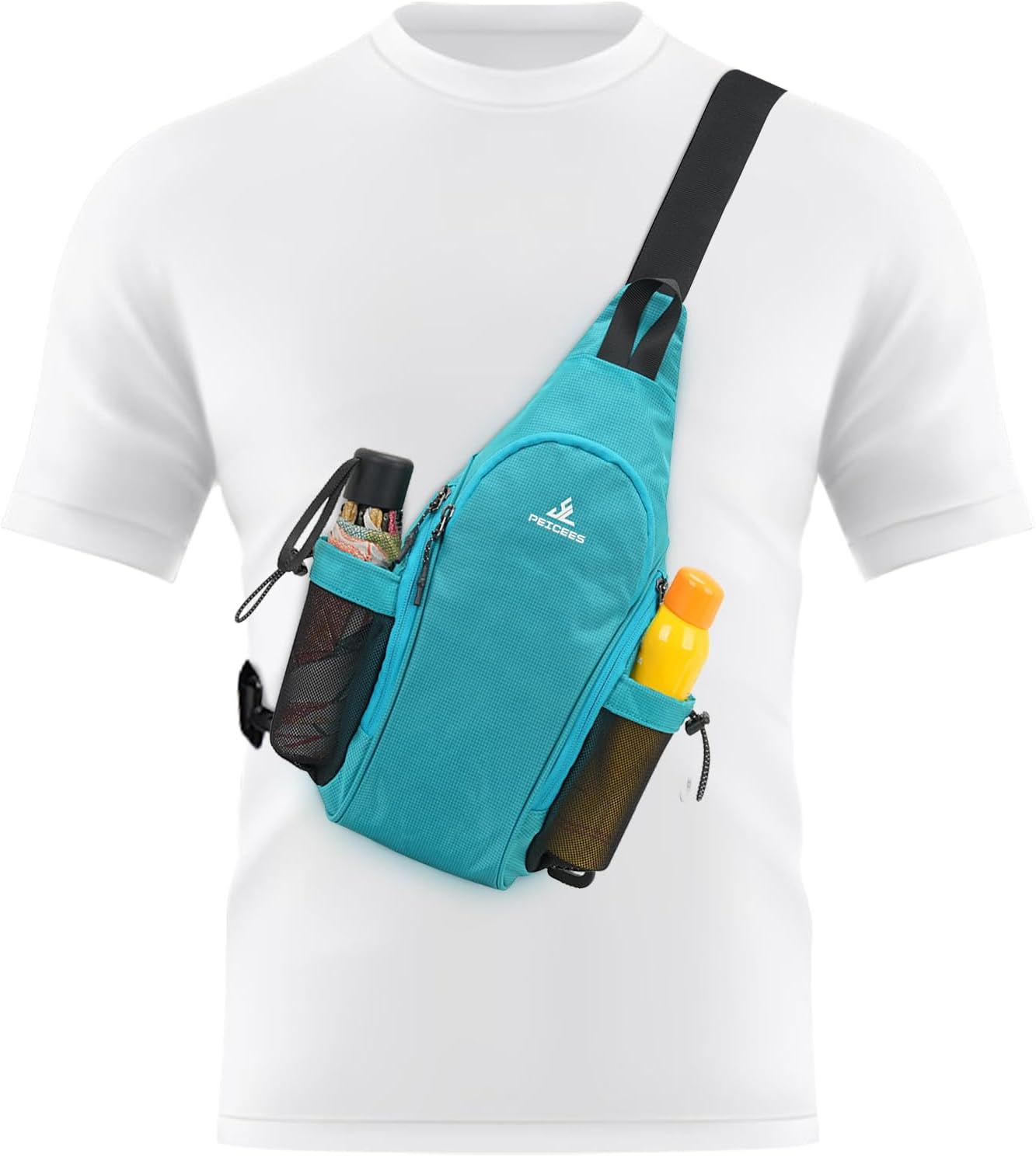 Peicees Small Sling Bag with 2 Bottle Holders, Sling Backpack Crossbody Bag Chest Daypack for Daily Use, Bottle Not Included