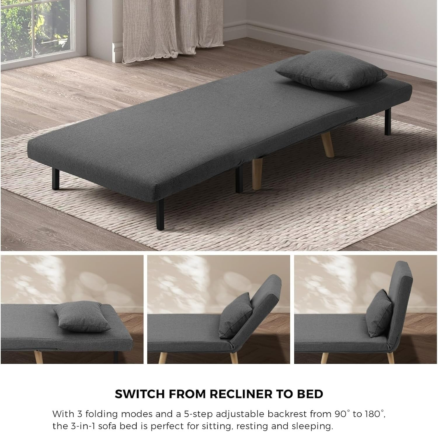 Oikiture Lounge Chair Folding Sofa Chair Recliner Couch with Cushion Grey image number 3