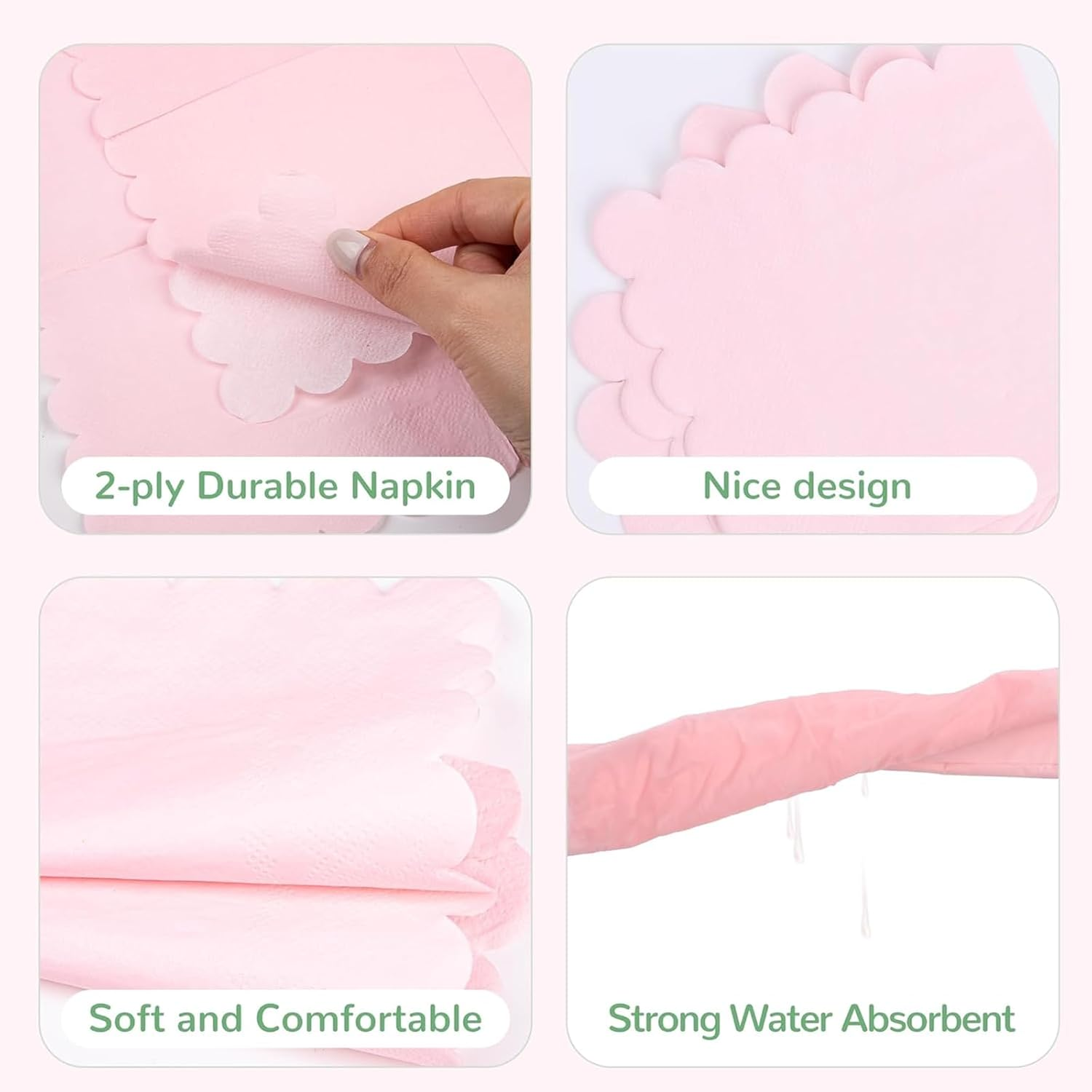 Weidllys 200 Pack Cocktail Napkin 2-Ply Scalloped Edged Dessert Napkins Folded 5 X 5 Inches Disposable Napkins for Dinner Wedding Birthday Party Bridal Anniversary Reception Event (Pink) image number 3