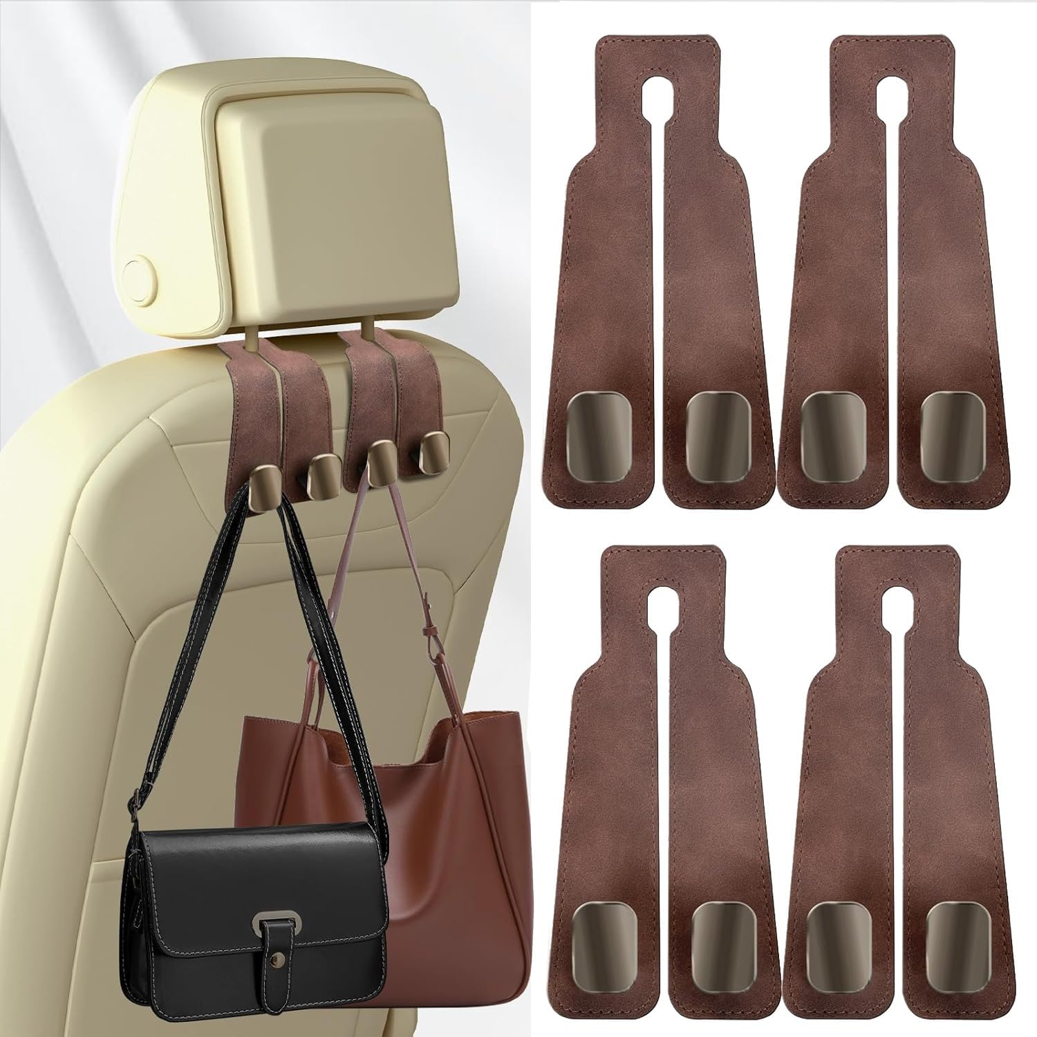 Usinynia 4 Pack Car Hooks for Headrest Double Car Seat Headrest Hooks Car Seat Back Storage Hook for Purses and Bags Leather Purse Hook for Car (Black)