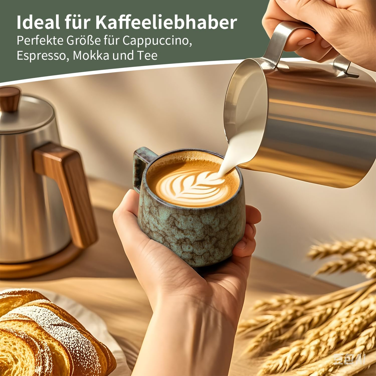 Set of 4 Espresso Cups, 190 Ml Cappuccino Cups with Wooden Saucers, Coffee Cups with Saucers, Stoneware Cups for Coffee, Americano, Latte, Cafe, Mocha and Tea (Beige + Cyan + Dark Blue + Dark Green) - 2, Beige + Cyan image number 5